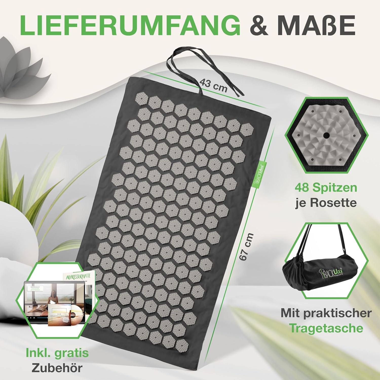 BACKLAXX Akupressurmatten-Set To-Go „Original“, passt ins Handgepäck und ist perfekt für unterwegs, Akupunkturmatte mit Spikes für Massage und Entspannung, Massagemattenrücken für Akupressur – Bild 5