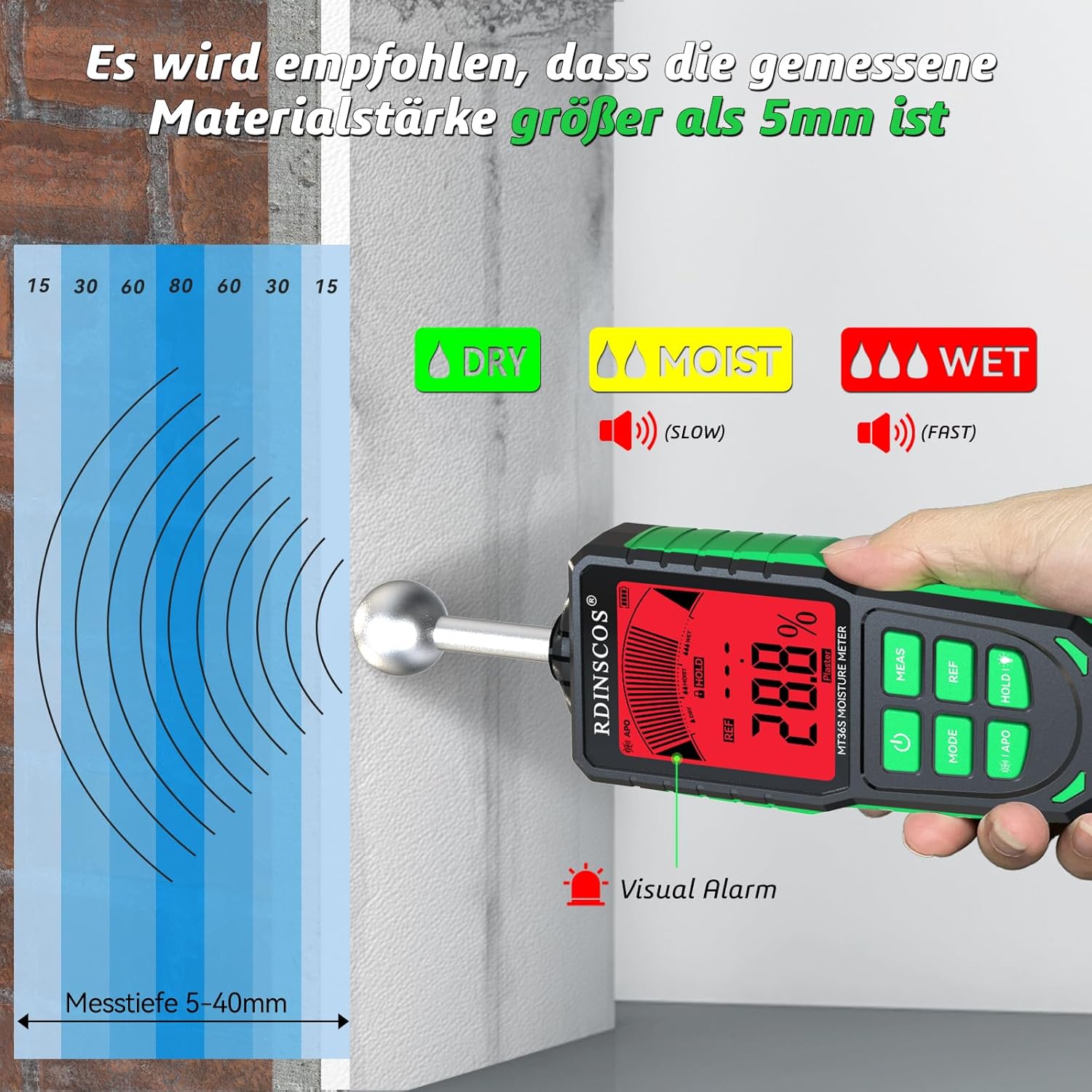 RDINSCOS Feuchtigkeitsmessgerät für Wände Feuchtigkeitsmessgerät Wand (MT36S) – Bild 4