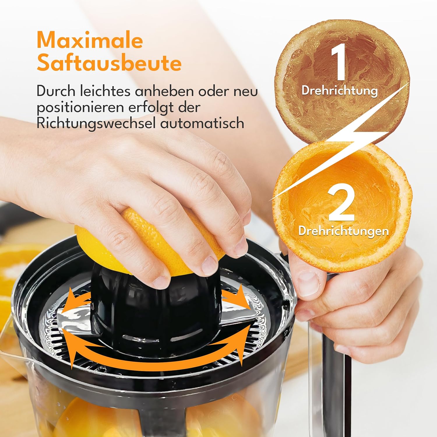Lebenlang Zitronenpresse, elektrischer Entsafter mit hoher Saftausbeute, Orangenpresse, 2 Drehrichtungen, elektrische Fruchtpresse mit 2 Kegeln aus Edelstahl – Bild 4
