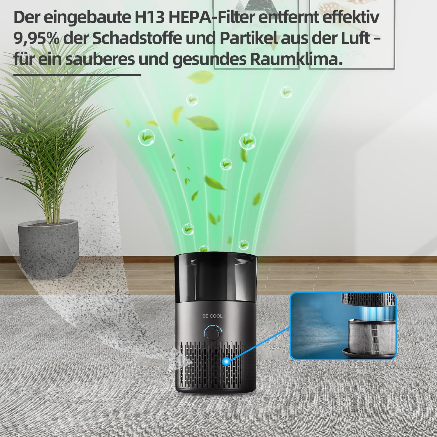 Be Cool Luftbefeuchter – 7 einstellbare Luftfeuchtigkeitsstufen / 360°-Drehung – 12 Stunden Betriebszeit, HEPA, gegen Pollen, leise – 3,8 l Tank/Schwarz – Bild 5