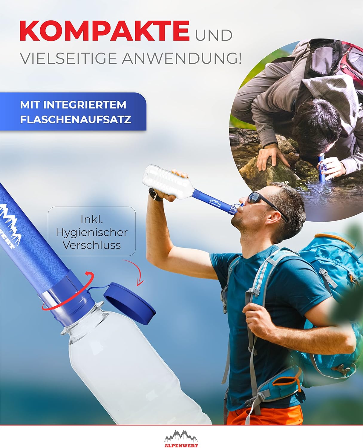 ALPENWERT Outdoor Wasserfilter – Trinkwasserfilter für 4000 Liter gefiltertes Wasser – Trinkwasseraufbereitung tötet 99,99 % aller Keime und Bakterien ab – Bild 5
