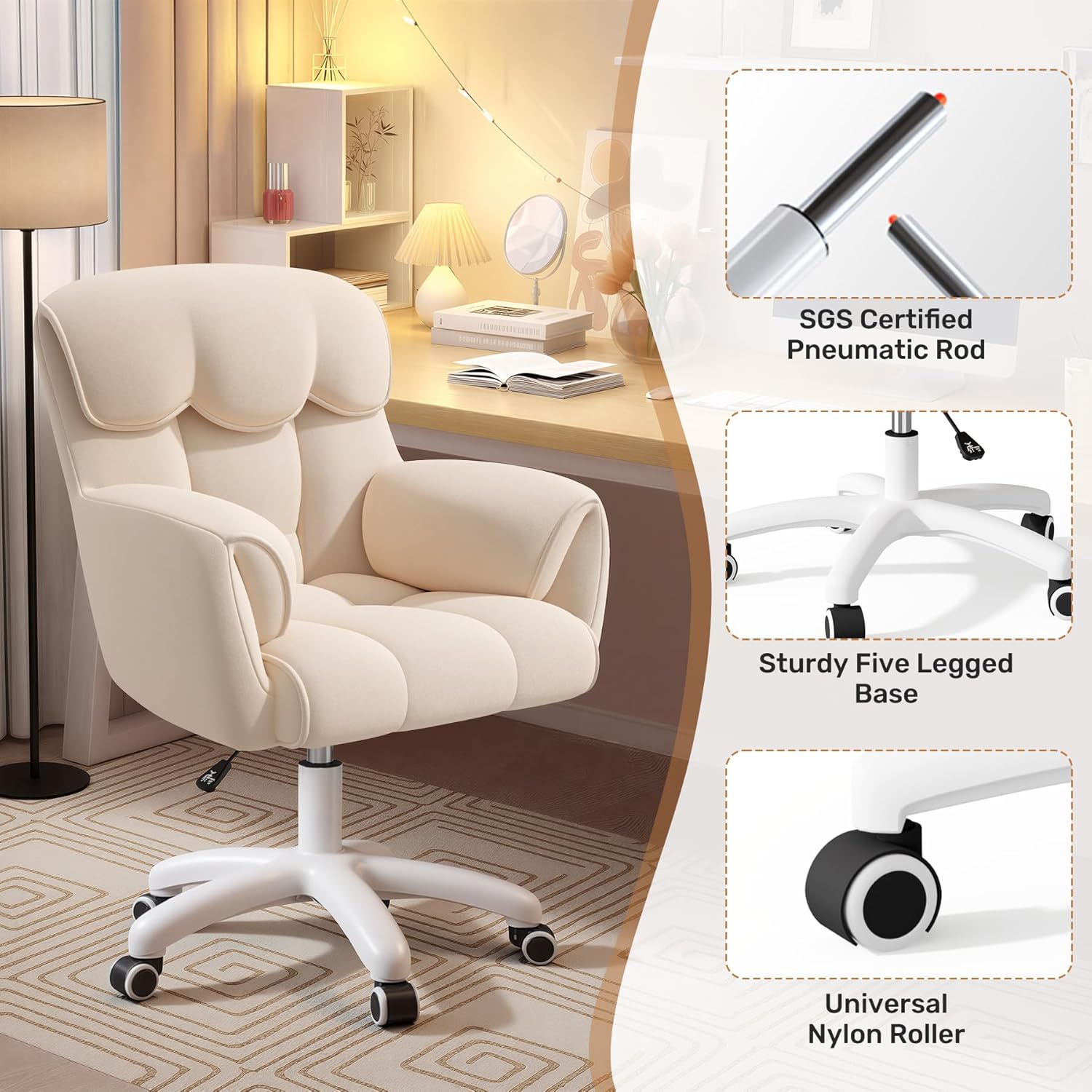 Ergonomischer Bürostuhl, höhenverstellbarer Schreibtischstuhl mit Armlehnen, 360° drehbar, Samtbezug, für Home Office und Büro, belastbar bis 150 kg, Beige – Bild 5