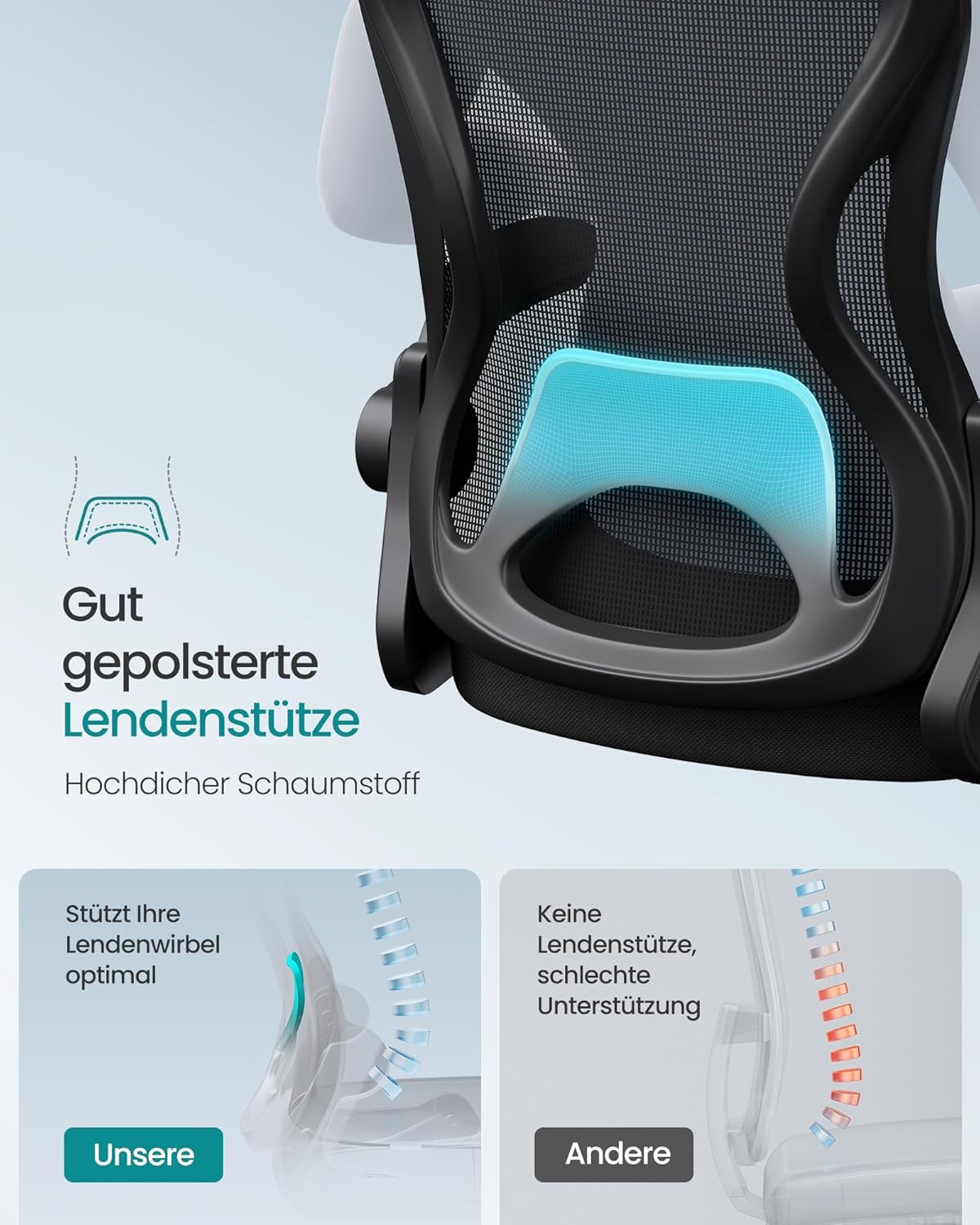 SONGMICS Bürostuhl, ergonomischer Netzdrehstuhl, Schreibtischstuhl mit Lordosenstütze, Wippfunktion, klappbare Armlehnen, für Arbeitszimmer, Schlafzimmer, Tintenschwarz OBN042BH02 – Bild 4