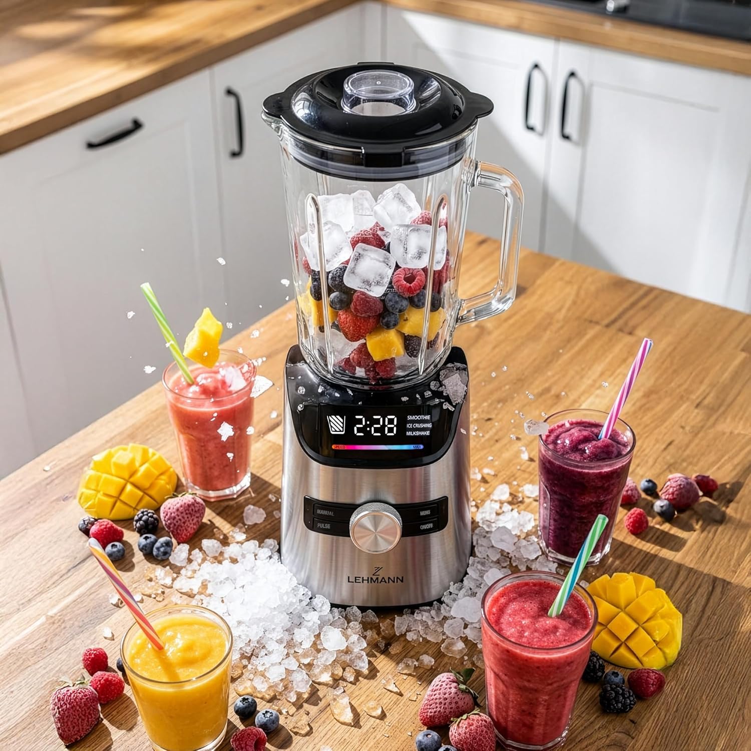 LEHMANN Standmixer 3-in-1 mit Glasbehälter 1,7 L, To-Go-Trinkflasche & Mahlwerk, 10 Geschwindigkeiten, Pulse, 3 Programme für Smoothie, Milchshake, Ice Crush, spülmaschinenfeste Teile, 1400 W – Bild 2
