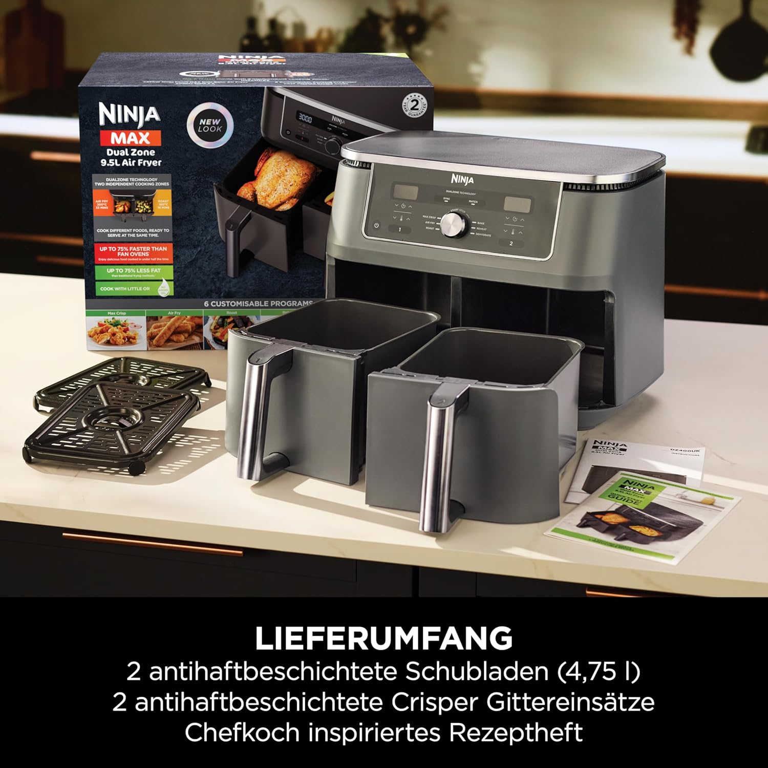 Digitale Dual-Zonen-Luftfritteuse von Ninja, 2 Schubladen, 6-in-1, Heißluftfritteuse, 9,5 l, Heißluftfritteuse, maximale Knusprigkeit, Braten, Backen, Aufwärmen, spülmaschinenfeste Körbe, Metallic-Grau DZ400EU – Bild 9