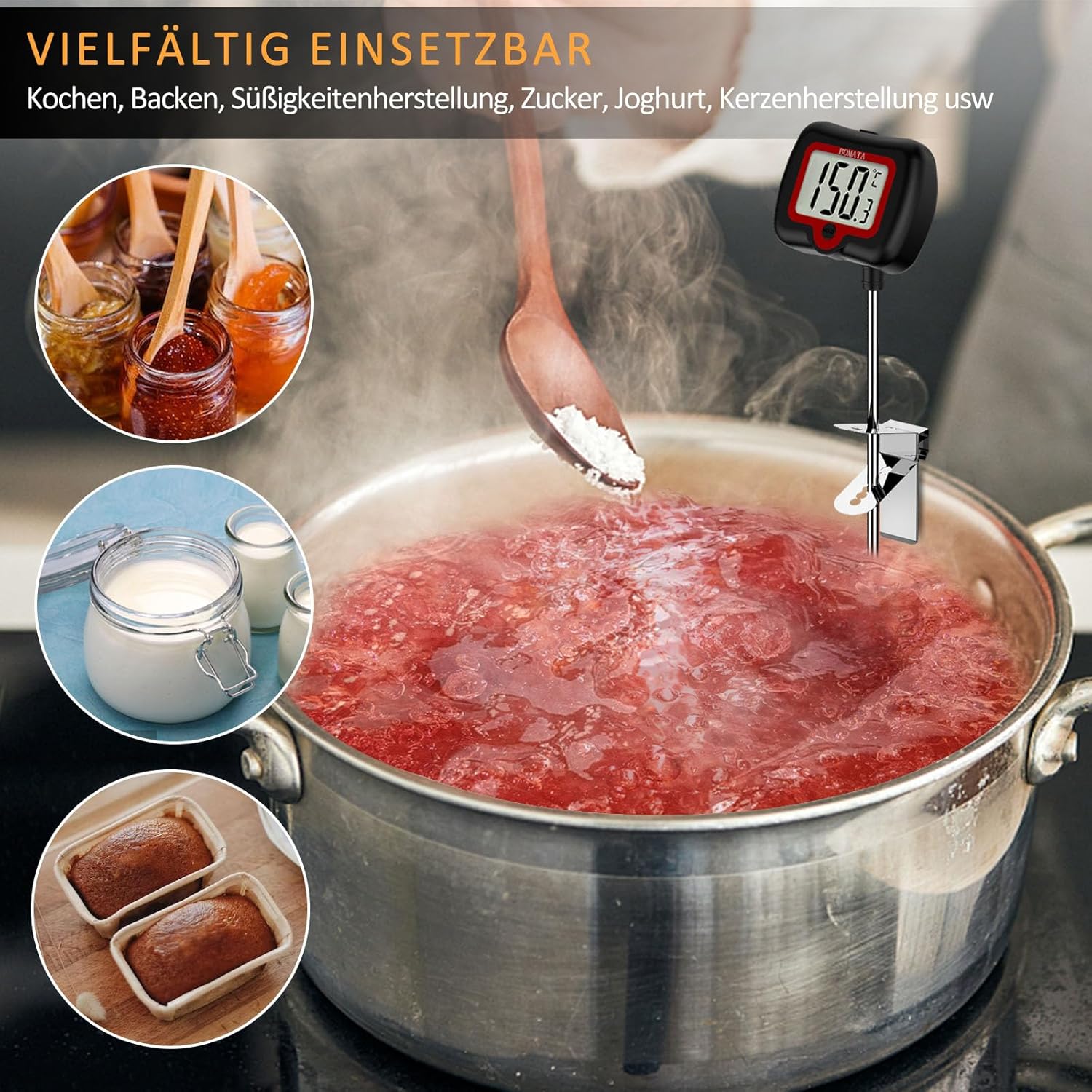 BOMATA 20 cm langes Sondenthermometer mit Topfklammer, drehbarem Display und hochpräziser Sofortablesung, geeignet für Kerzen, Flüssigkeiten, Kochen, Grillen usw. Schwarz – Bild 7