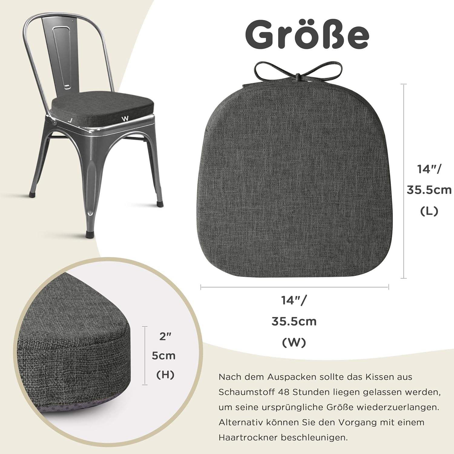 AddGrace 4er-Set Stuhlkissen für Metallstühle, 35 x 35 cm große Sitzkissen mit Bändern, rutschfeste, dicke Sitzpolster mit strukturiertem & abnehmbarem Bezug, Dunkelgrau – Bild 2