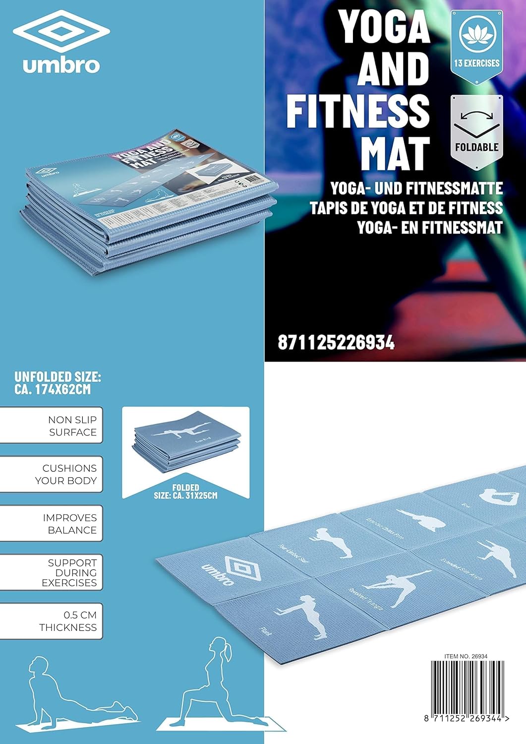 Umbro faltbare Gymnastikmatte, Yogamatte, rutschfeste Fitnessmatte – Bild 2