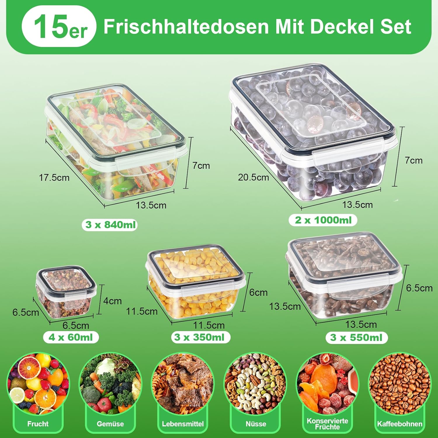 Kottwca Frischhaltedosen mit Deckel-Set, 30-teiliges Tupperware-Set (15 Behälter + 15 Deckel), Küchen-Meal-Prep-Boxen, 100 % auslaufsicher, BPA-freier Frischhaltebehälter für Mikrowelle und Kühlschrank – Bild 3