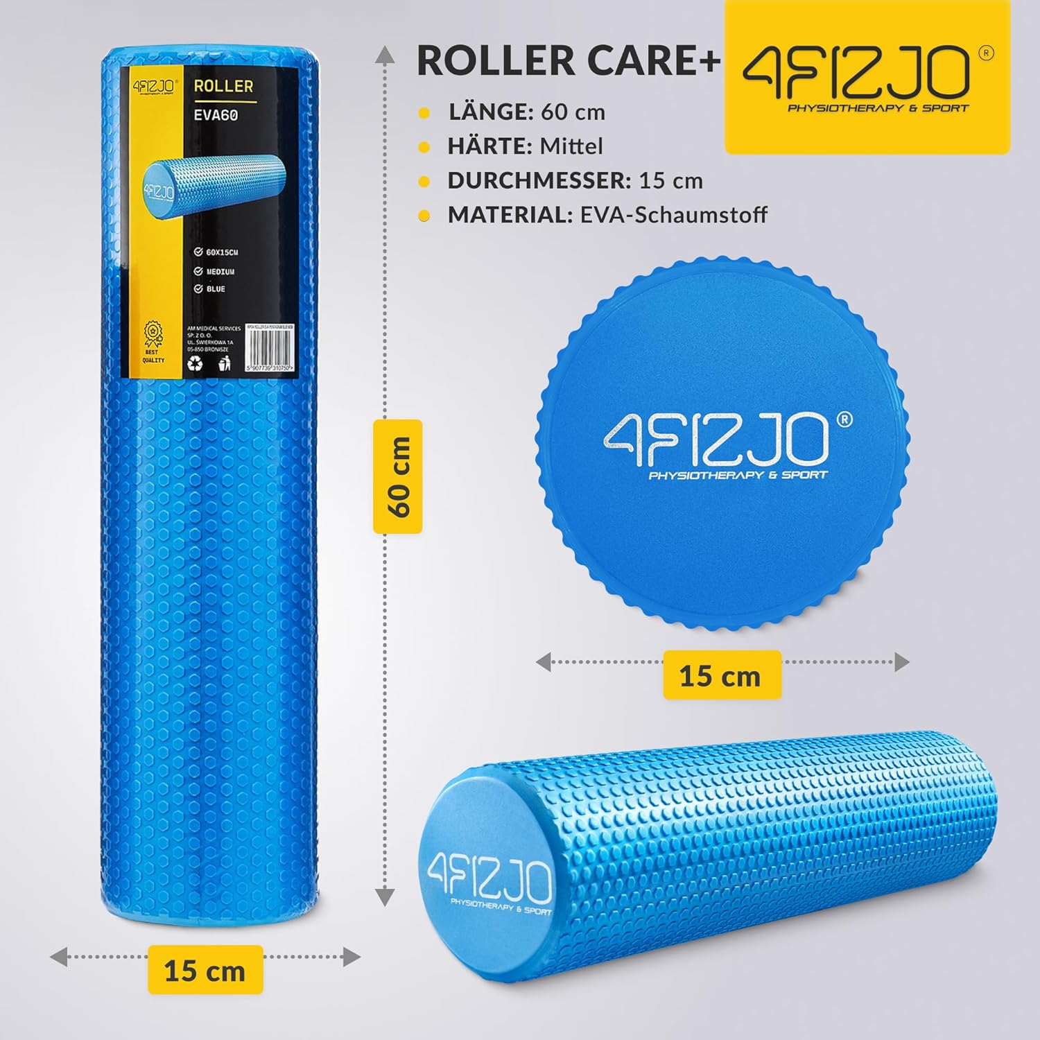 4FIZJO Faszienrolle mit Noppen aus EVA-Schaum, Durchmesser 15 cm, Länge 60 cm, Massagerolle, Rückenrolle, leicht, langlebig, mittlere Härte, Faszientraining, Massagetraining, blau – Bild 2