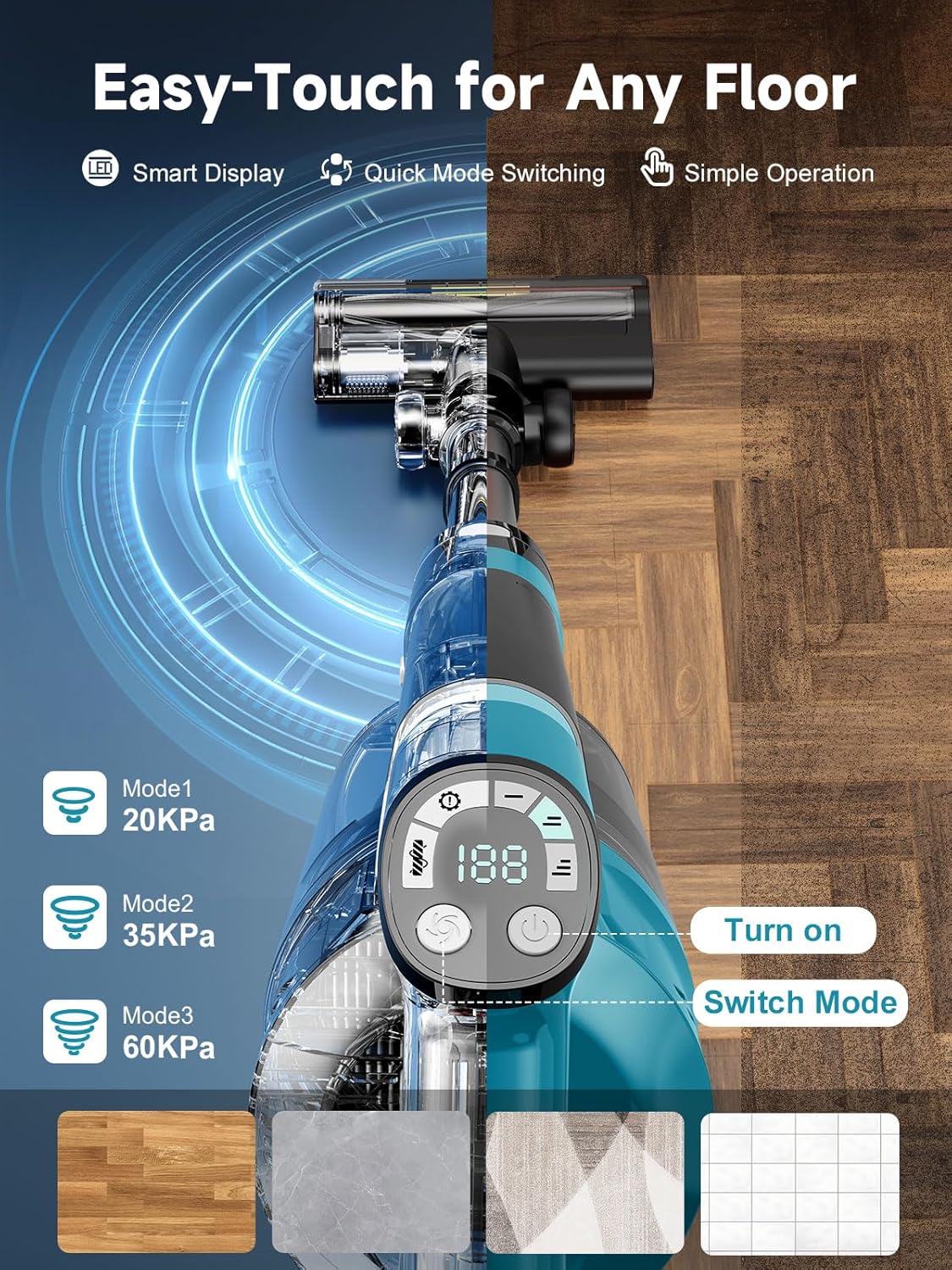 Akku Staubsauger Kabellos 60KPa/700W/70Min, Akkustaubsauger mit 8000 mAh,Staubsauger Kabellos mit 2.3M Ausziehbarer Schlauch, Anti-Tangle-Bürste, Touchscreen, für Hartböden Teppiche Tierhaare Auto – Bild 4