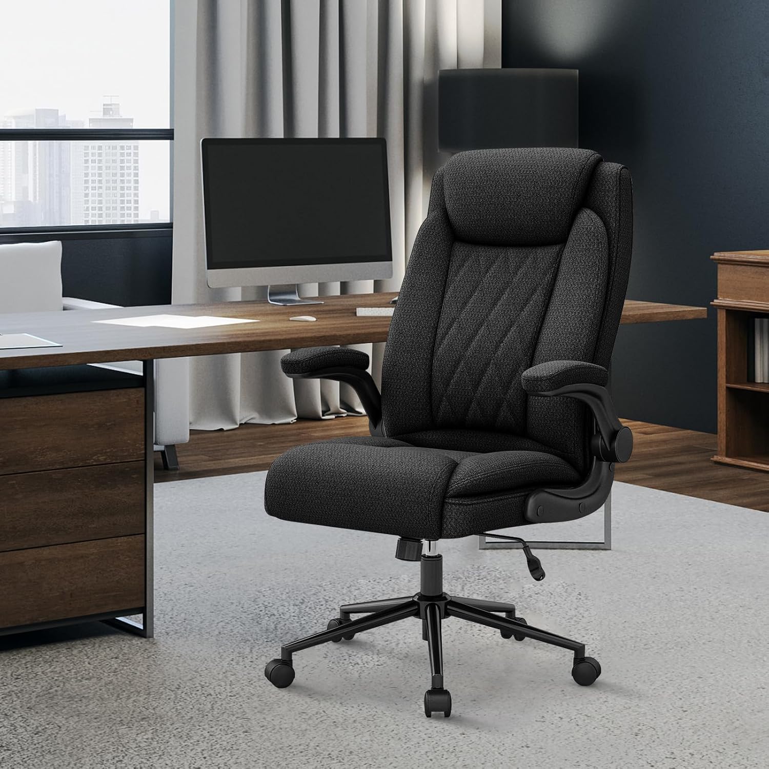Youhauchair Ergonomischer Bürostuhl, Schreibtischstuhl mit hoher Rückenlehne und höhenverstellbar, Drehstuhl mit Kopfstütze, bequem, Chefsessel für Büro, Schwarz