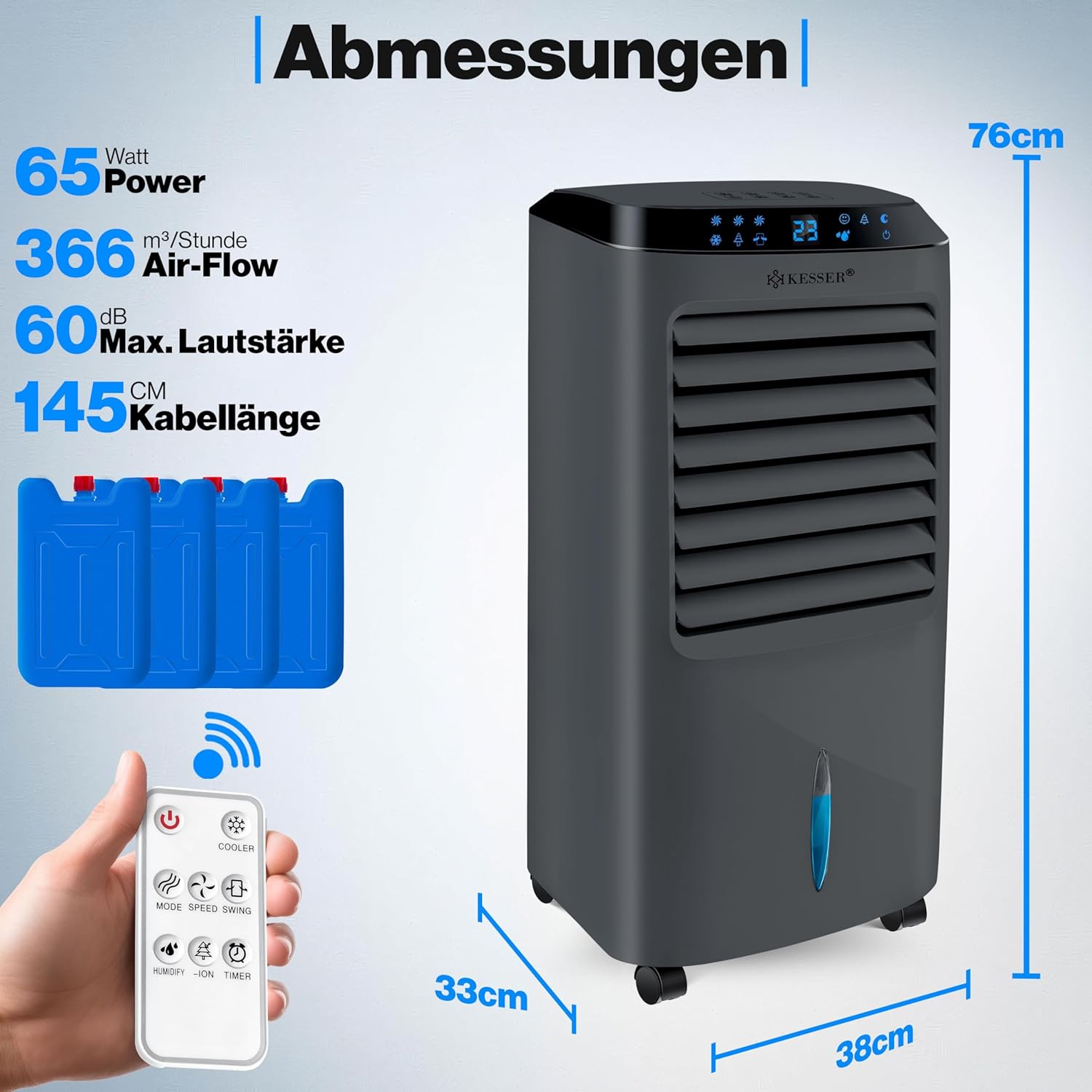 KESSER® Mobile Klimaanlage 4in1 Luftkühler – Air Cooler mit Fernbedienung & Timer, 10L Wassertank, Ionisator & Luftbefeuchter, Ventilator Klimagerät ohne Abluftschlauch, 3 Stufen inkl. Kühlakkus – Bild 5