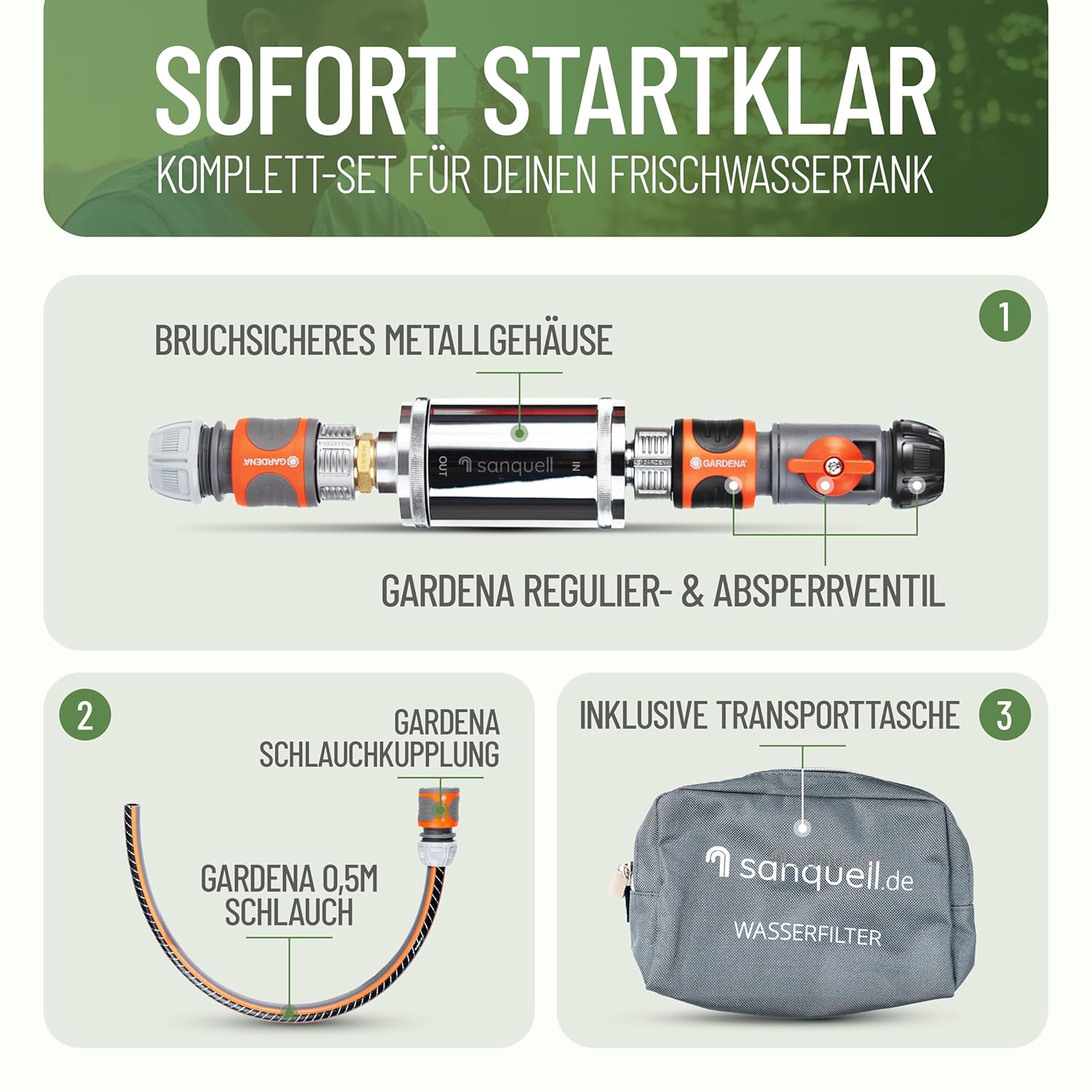 Wasserfilter Camping Wohnmobil, Caravan Explorer | Keimbarriere | Medizintechnik | Sauberes Trinkwasser für unterwegs | Einfüllfilter für Frischwassertank | Komplettset | Bis zu 8 Liter/Minute | Silber – Bild 3