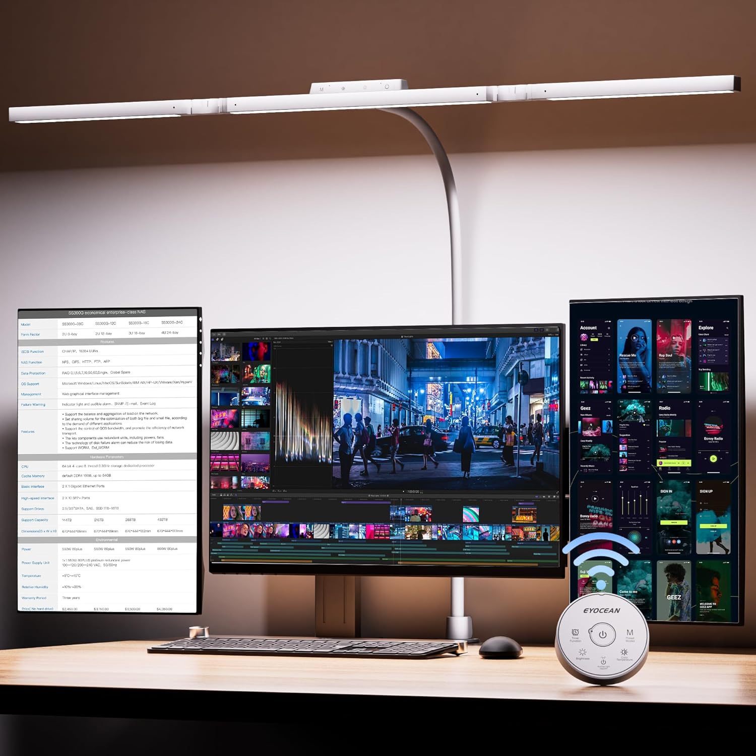 EYOCEAN Schreibtischlampe, Schreibtischlampe mit 3 Lichtquellen, 24W 100cm Tageslichtlampe Schreibtisch mit Fernbedienung, Dimmbare Monitorlampe, Schwanenhals Bürotischlampe