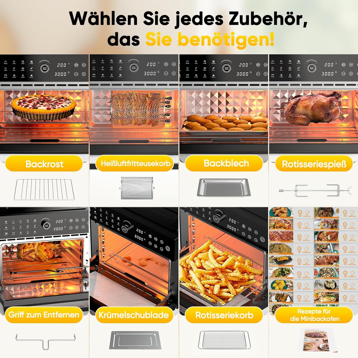 30L Heißluftfritteuse XXL Minibackofen mit LED-Touchscreen, Minibackofen mit Konvektionsluft mit 20 Programmen und zwei Garmodi, 1800W Heißluftfritteuse Heißluftfritteuse ohne Öl, 8 Stunden Timer, Rezeptbuch, 7 Anhänge – Bild 7