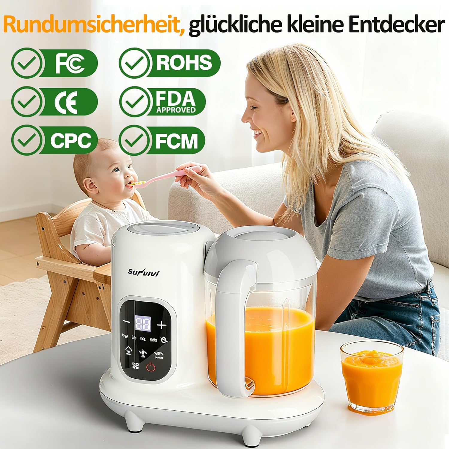 Sunvivi Babynahrungszubereiter 8-in-1 mit Dampfgarer und Mixer, 350 g Babynahrungszubereiter mit großer Kapazität, multifunktionaler Babybreibereiter mit LCD-Display, Sterilisator, Wärmer und Auftaufunktion – Bild 4