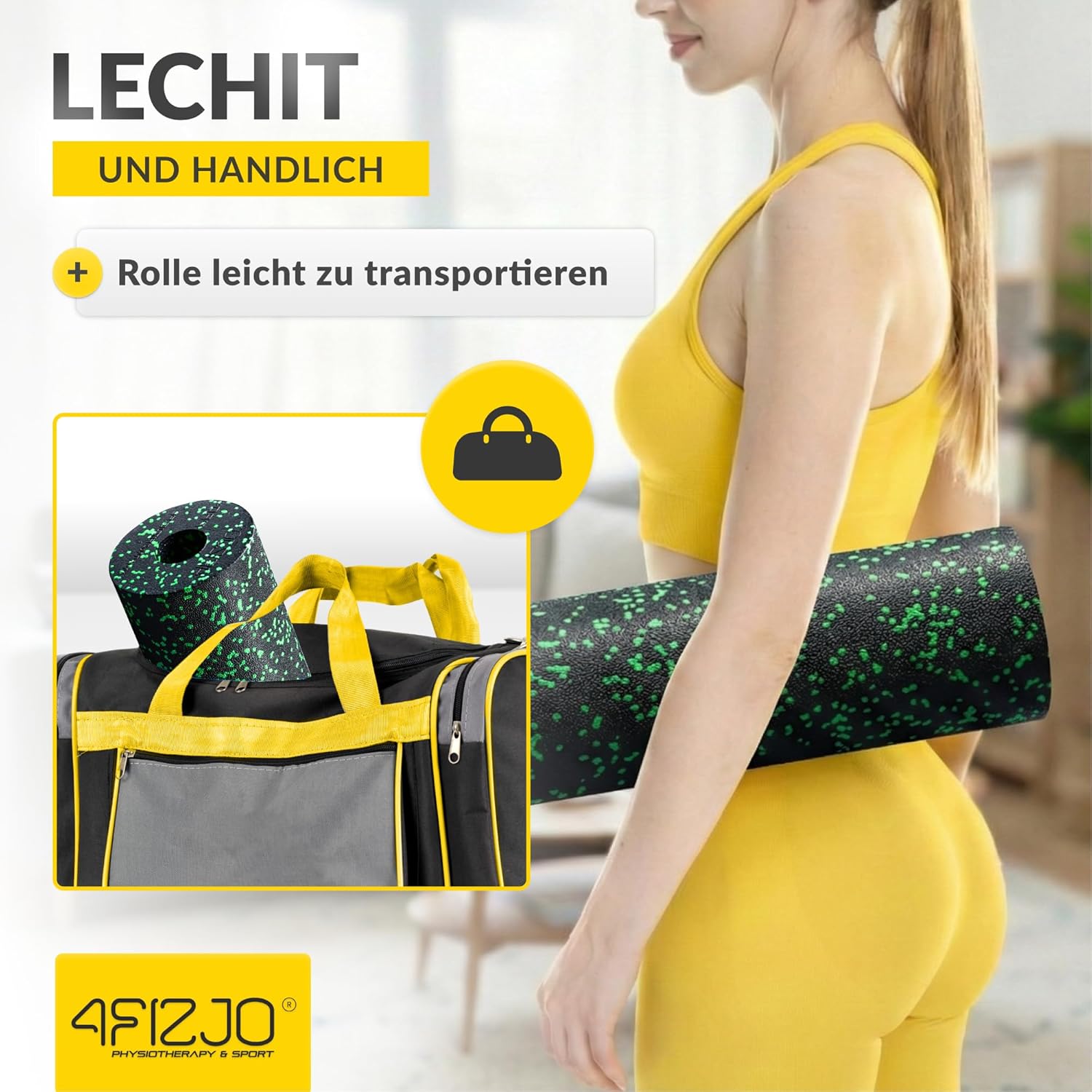 4FIZJO Faszienrolle Schaumstoff, Durchmesser 14,5 cm, Länge 45 cm, Massagerolle, Rückenrolle, Fitnessrolle, leicht, hart, Schaumstoffrolle, Faszientraining, Massagetraining, Schwarz/Grün – Bild 9