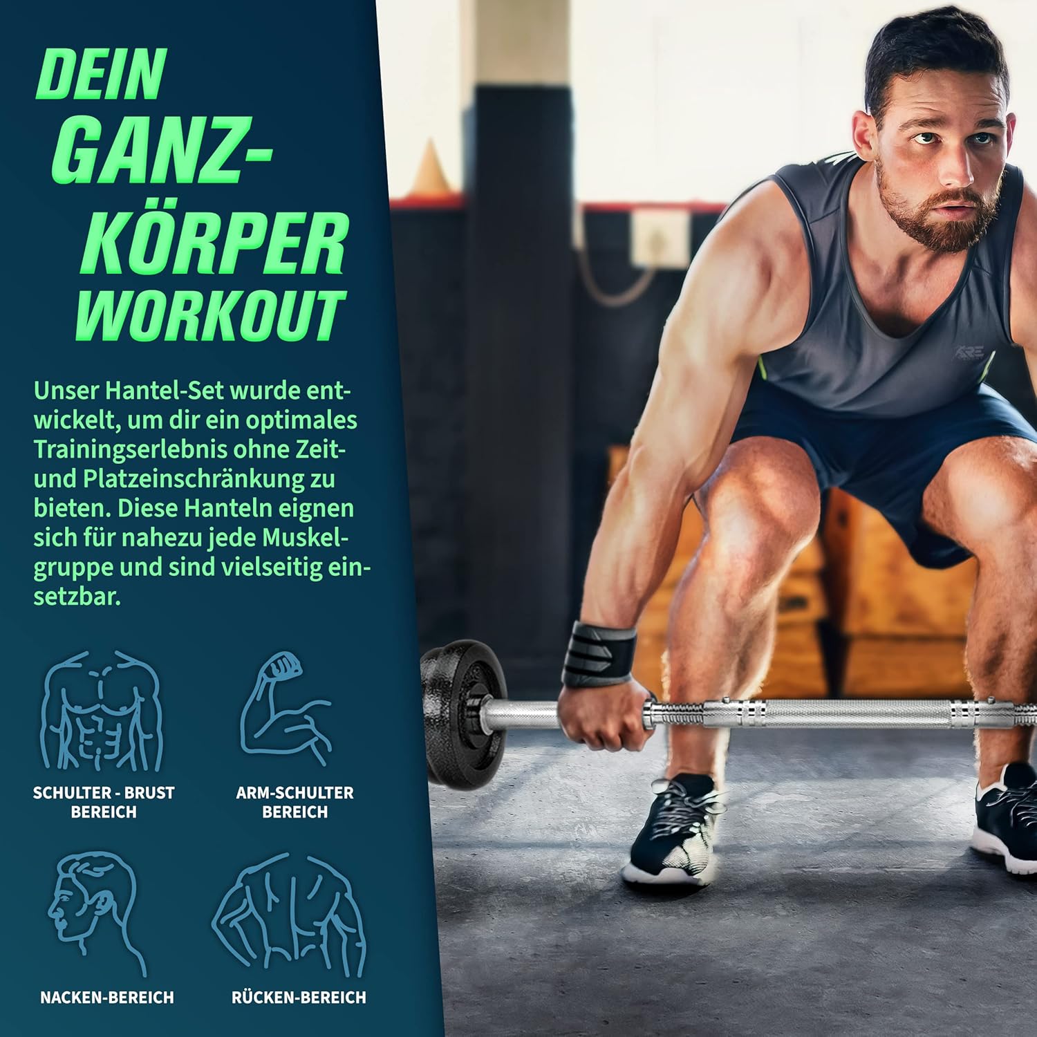 RE:SPORT 2 in 1 Hantelset 15-60 kg | Hantelset Gusseisen verstellbar | Kurzhantel und Langhantel | Spinlock-Kragen und Verbindungsrohr – Bild 6