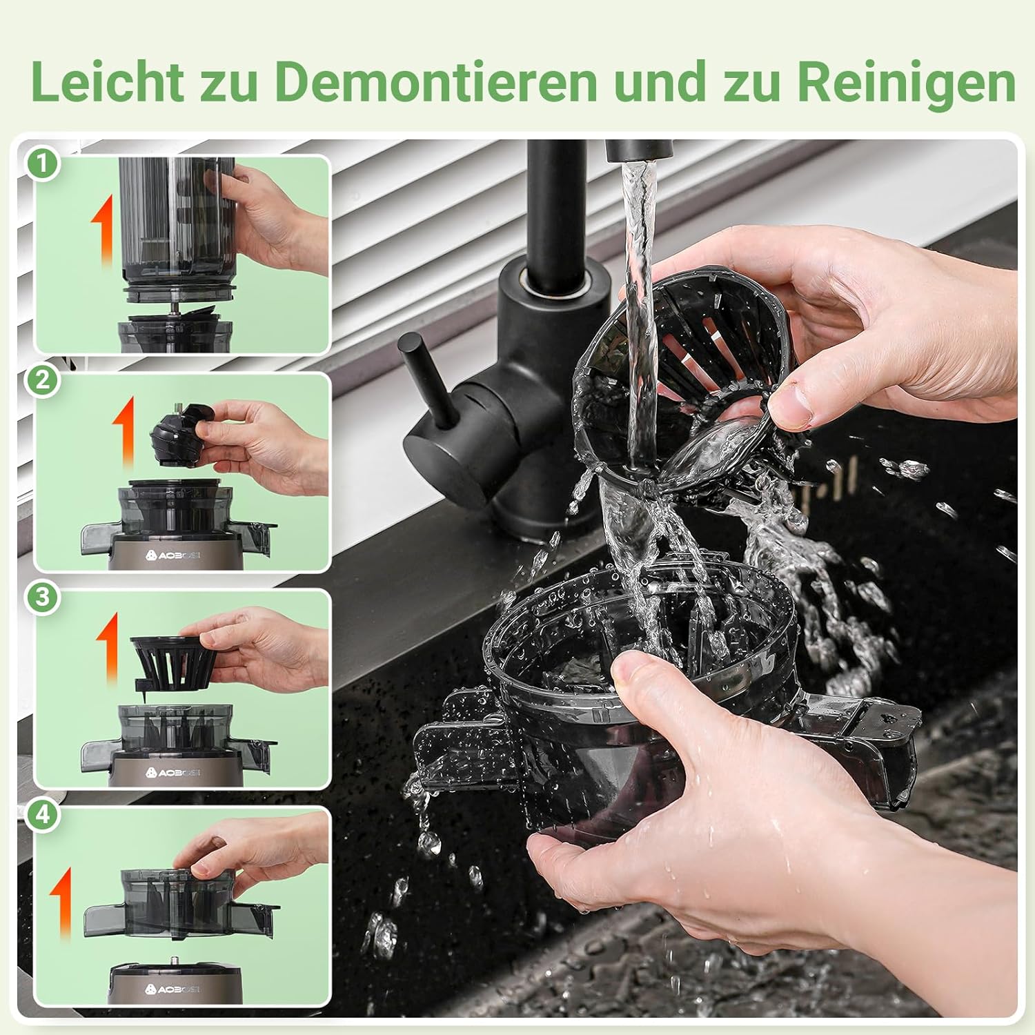 AAOBOSI SlowJuicer für Gemüse und Obst, hohe Saftausbeute, elektrischer Entsafter mit Umkehrfunktion, leicht zu reinigen, BPA-frei – Bild 9
