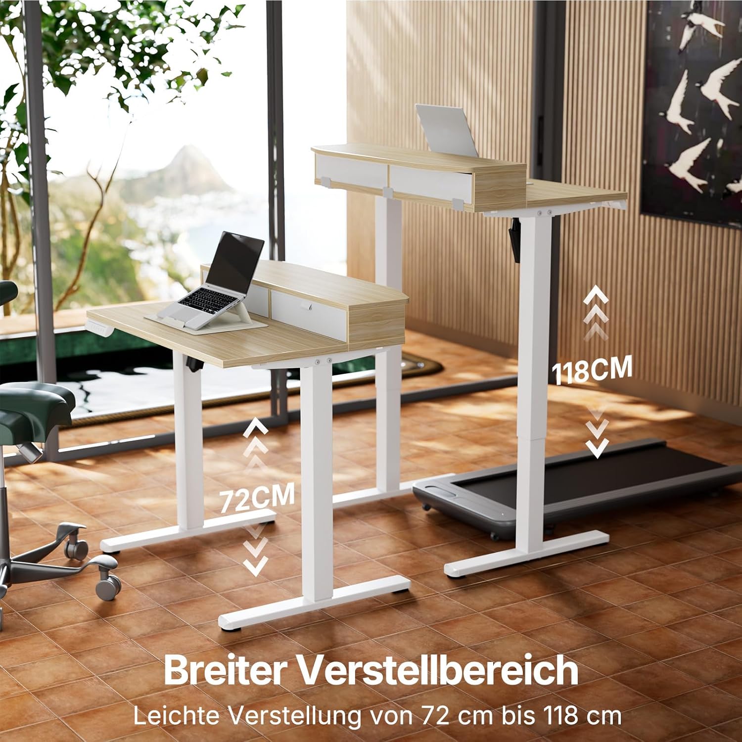 HUANUO Höhenverstellbarer Schreibtisch 80 x 53 cm mit Schubladen, kompatibler C-Klemmhalterung, Schreibtisch höhenverstellbar mit 4 Memory-Höheneinstellungen – Bild 4