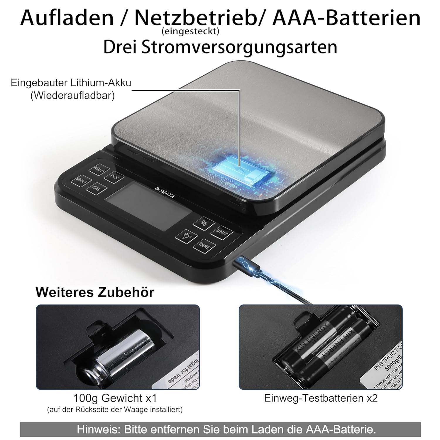 BOMATA 0,1 g/5 kg große digitale Küchenwaage, hochpräzise Bäckereiwaage mit %-Prozentfunktion, wiederaufladbar über USB, Wiegeplatte aus Edelstahl – Bild 4