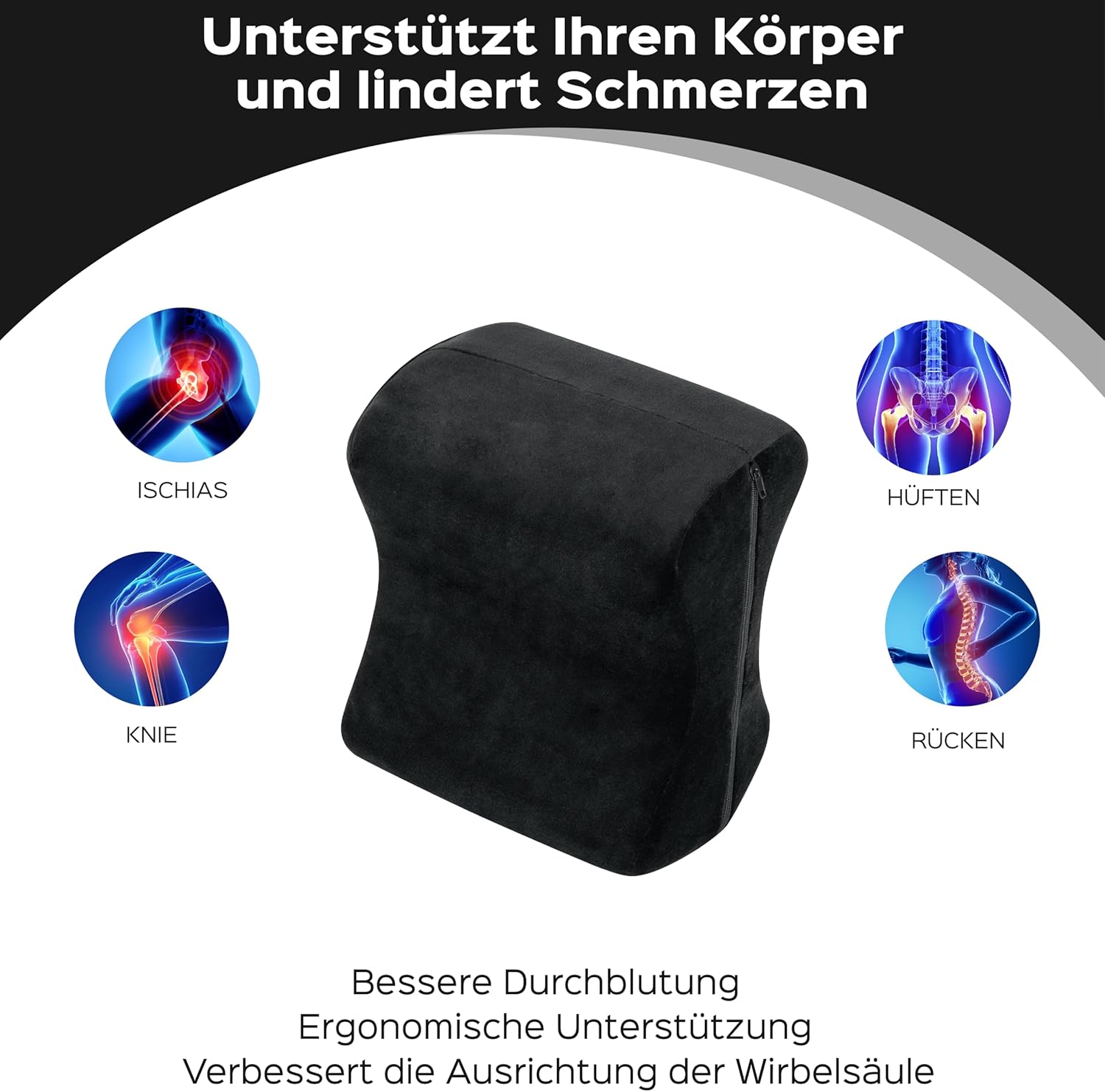 bonmedico Kniekissen für Seitenschläfer – Orthopädisches Kniekissen, Memory-Schaum, Beinkissen zur Linderung von Knie-, Rücken- und Hüftschmerzen, waschbarer Bezug – Wellness Schwarz, 20 x 25 x 15,7 cm – Bild 5