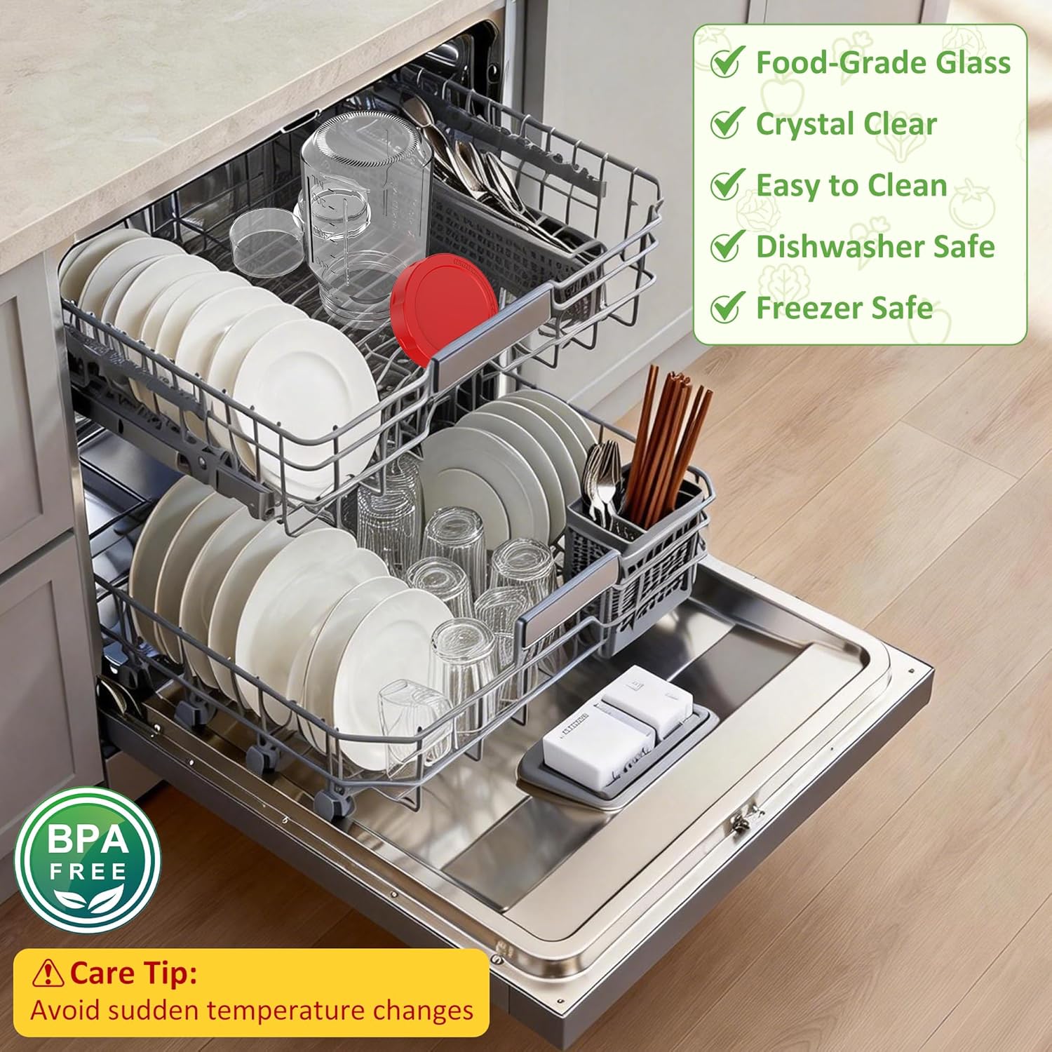 Meal-Prep-Gläser mit Deckel-Set, 4 x 950 ml Einmachgläser, auslaufsicherer/vertikal geschichteter Meal-Prep-Behälter, ideal zum Mitnehmen, Salate, Marmelade, Overnight Oats und Fertiggerichte, breit – Bild 6