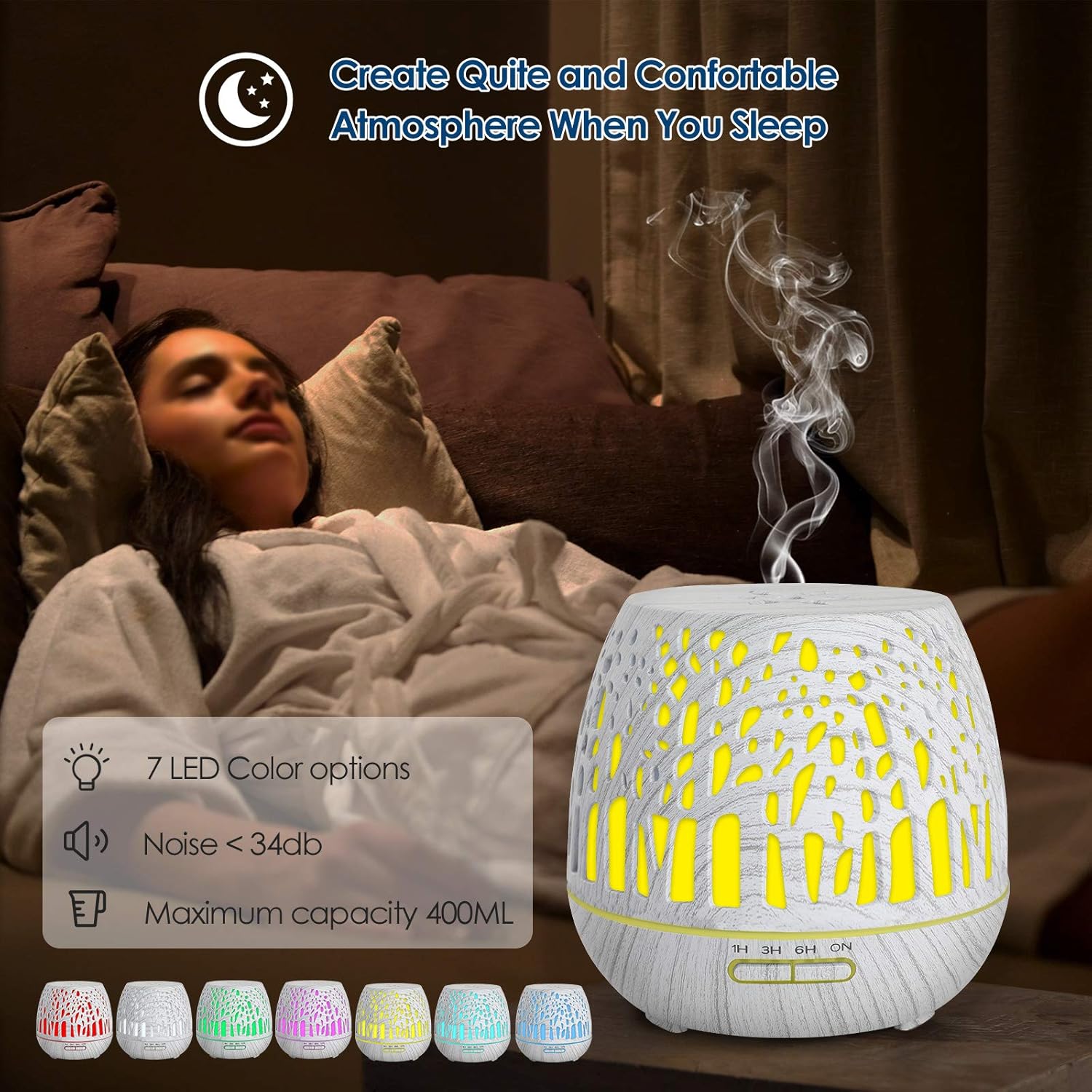 Simpeak Aromadiffusor 400 ml, LED-Ultraschall-Duftdiffusor mit Fernbedienung, Aromatherapie-Diffusor für ätherische Öle, tragbar, kompatibel für Zuhause, Yoga, Büro, Spa, Schlafzimmer, geschnitzter Wald – Bild 5