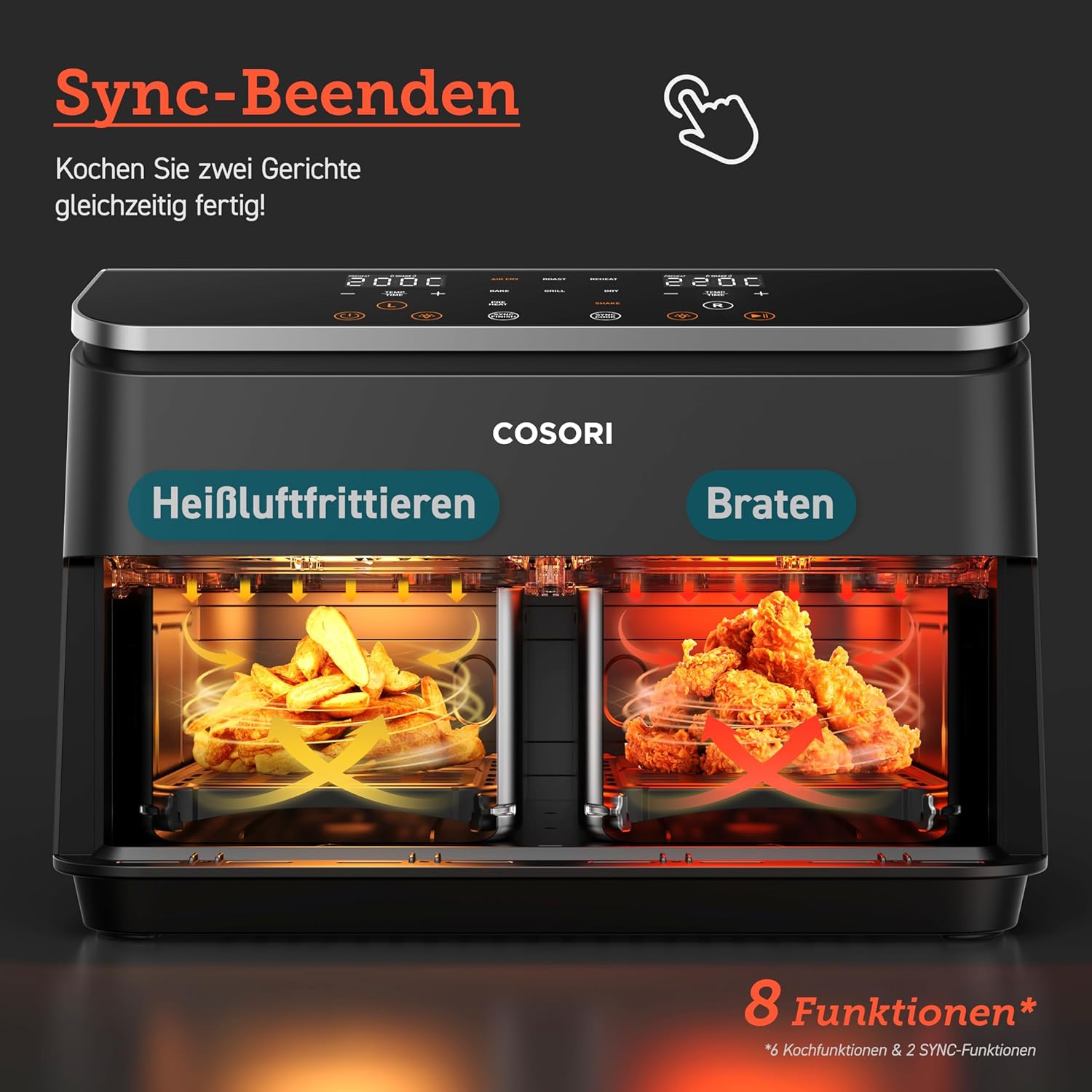 COSORI Heißluftfritteuse mit 2 Kammern, 8-in-1-Dual-Zone XXL 8,5 l, verfügt über ein Doppelkammer-Design mit Sichtfenstern für ausgewogene Mahlzeiten; Enthält 50 Rezepte, ist energiesparend und reicht für 1–5 Personen – Bild 8