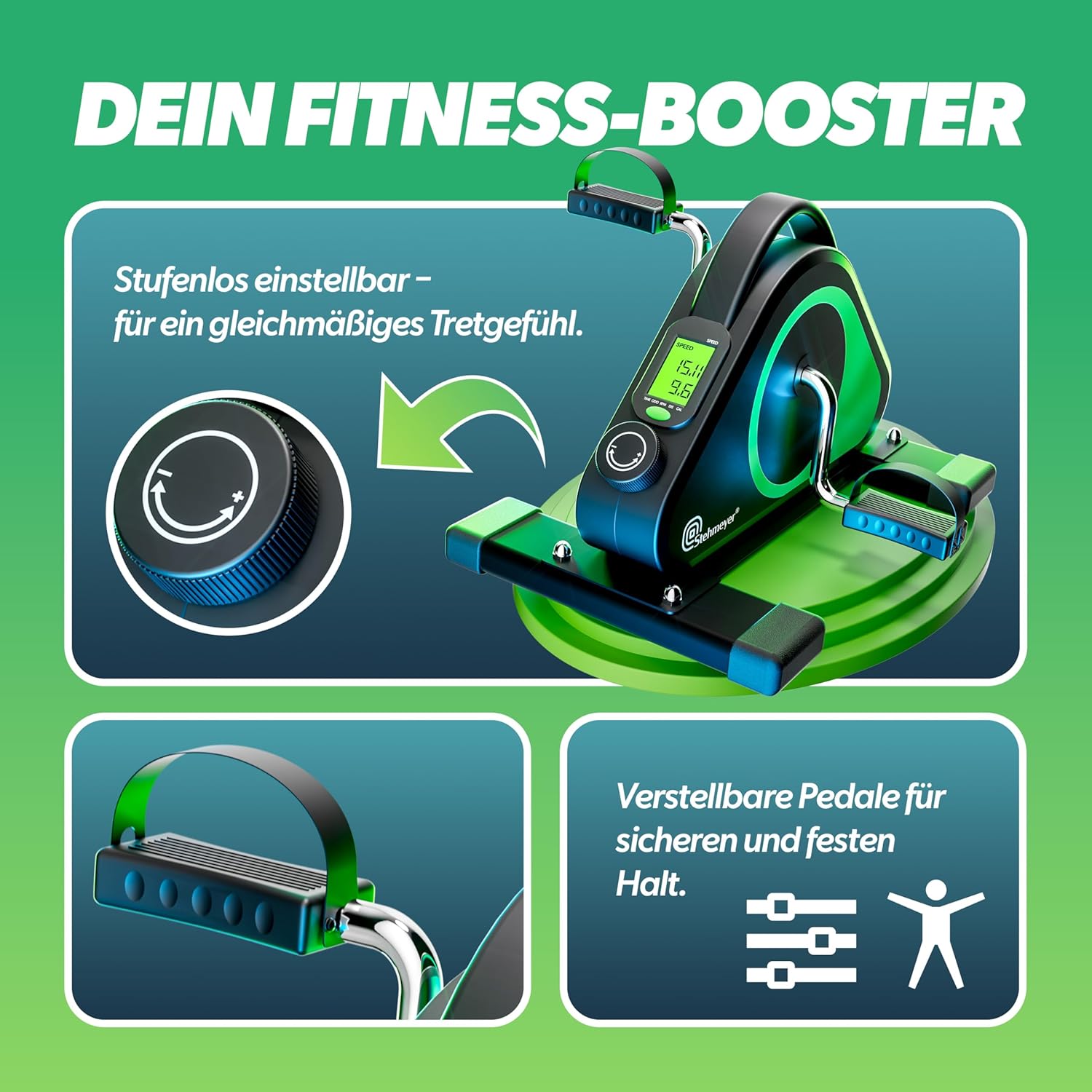STEHMEYER Pedaltrainer für Senioren, Mini-Heimtrainer, Tischfahrrad, extra leiser & gelenkschonender Arm- und Beintrainer mit Befestigungsgurt, Schreibtischfahrrad mit LCD-Display für Zuhause, Büro und Rehabilitation – Bild 3