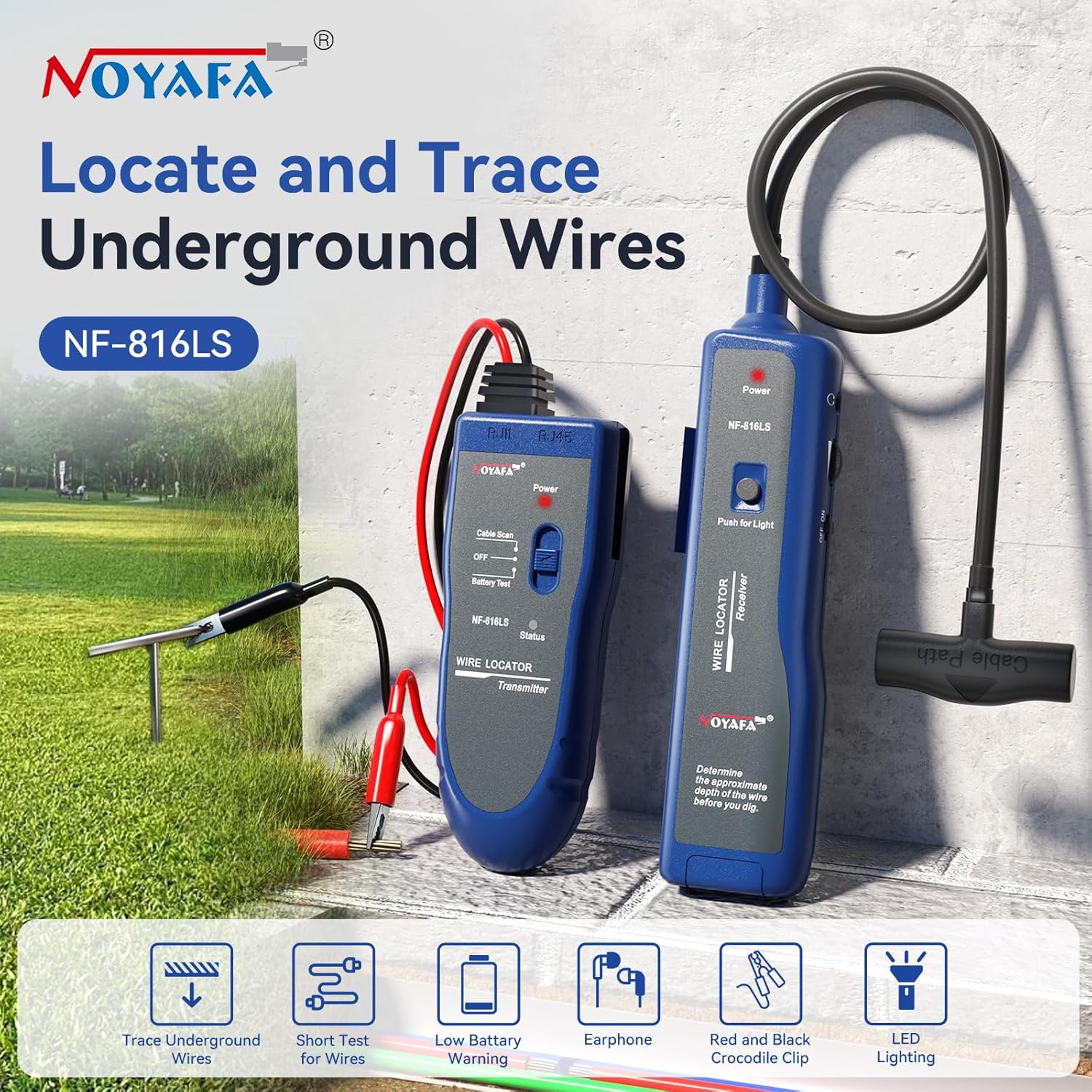 NOYAFA NF-816LS Erdkabelsucher – Kabelsucher für Haustierzaun, Strom-, Netzwerk- und Bewässerungskabel, wiederaufladbarer Lithium-Akku, LED-Taschenlampe, Kabelbrucherkennung – Bild 5