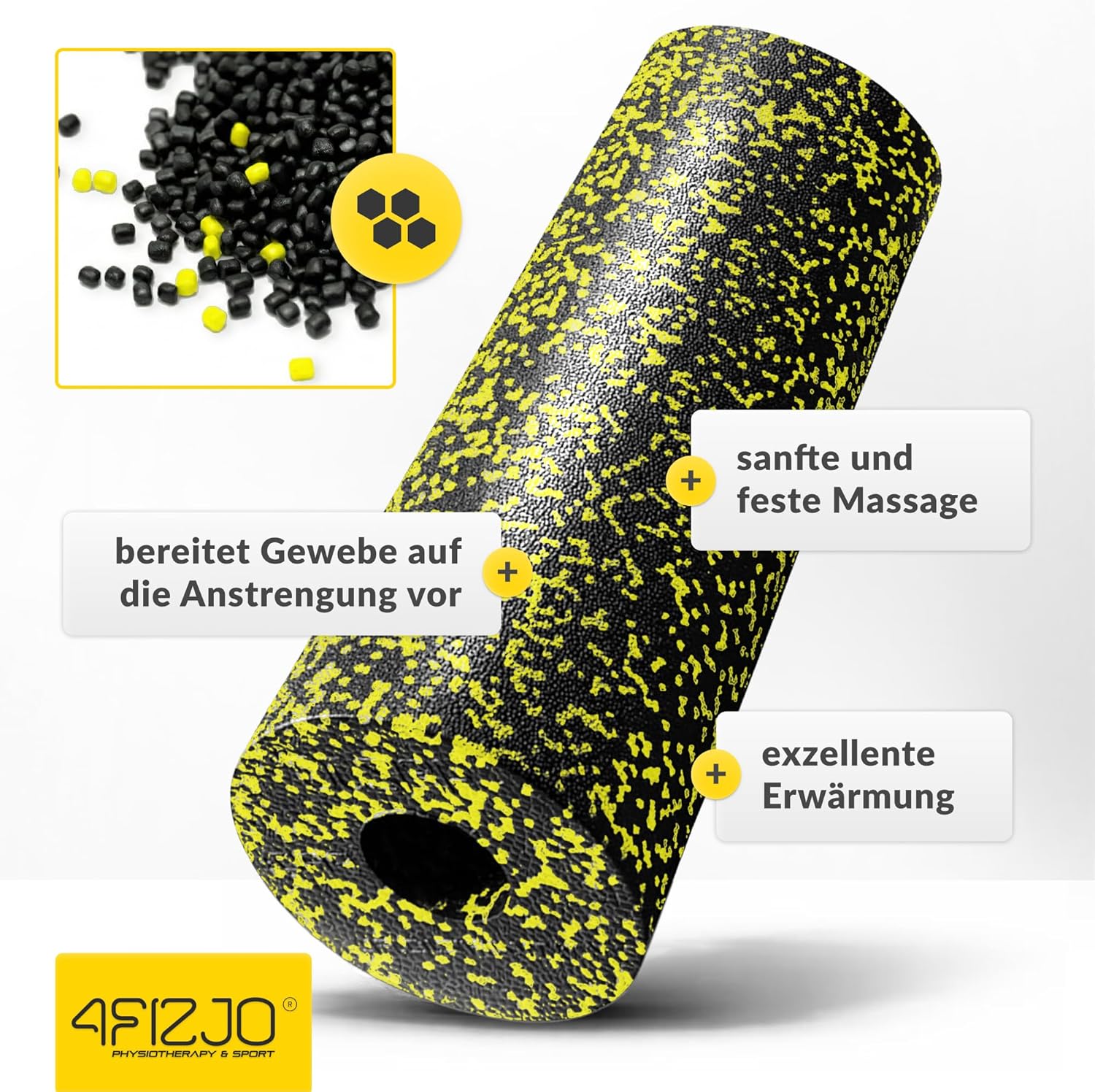 4FIZJO Faszienrolle Schaumstoff, Durchmesser 14,5 cm, Länge 45 cm, Massagerolle, Rückenrolle, Fitnessrolle, leicht, hart, Schaumstoffrolle, Faszientraining, Massagetraining, Schwarz/Gelb – Bild 6