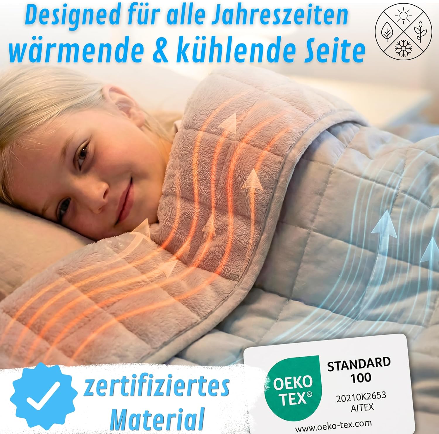 Gewichtsdecke Kinder 100 x 135 cm 2,5 kg – Öko-Tex 100 zertifiziert, Therapiedecke Kinder mit 2 Seiten für Winter & Sommer & optimale Gewichtsverteilung – Bild 3