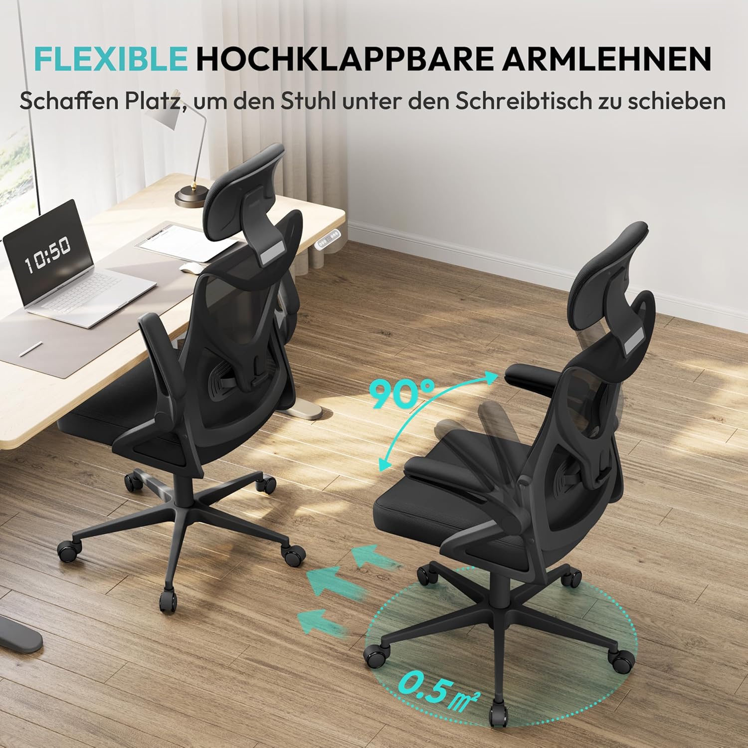 Yaheetech Ergonomischer Bürostuhl, Schreibtischstuhl mit klappbaren Armlehnen, Drehstuhl mit Rückenlehne und verstellbarer Kopfstütze, Chefsessel, Wippfunktion, maximale Belastung 136 kg, Schwarz – Bild 7