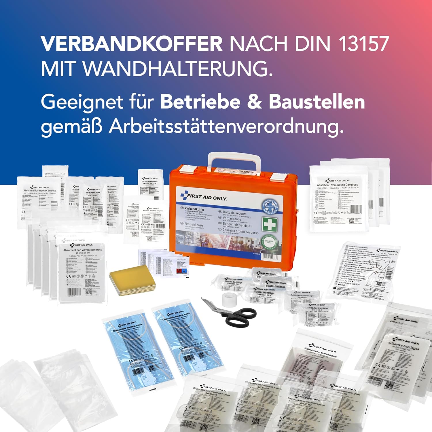 First Aid Only Erste-Hilfe-Koffer DIN 13157 mit Wandhalterung, kompakter Erste-Hilfe-Kasten für Betriebe und Haushalte, gefüllt nach DIN 13157:2021, inklusive Tragegriff und Montagematerial P-51002 00 – Bild 2