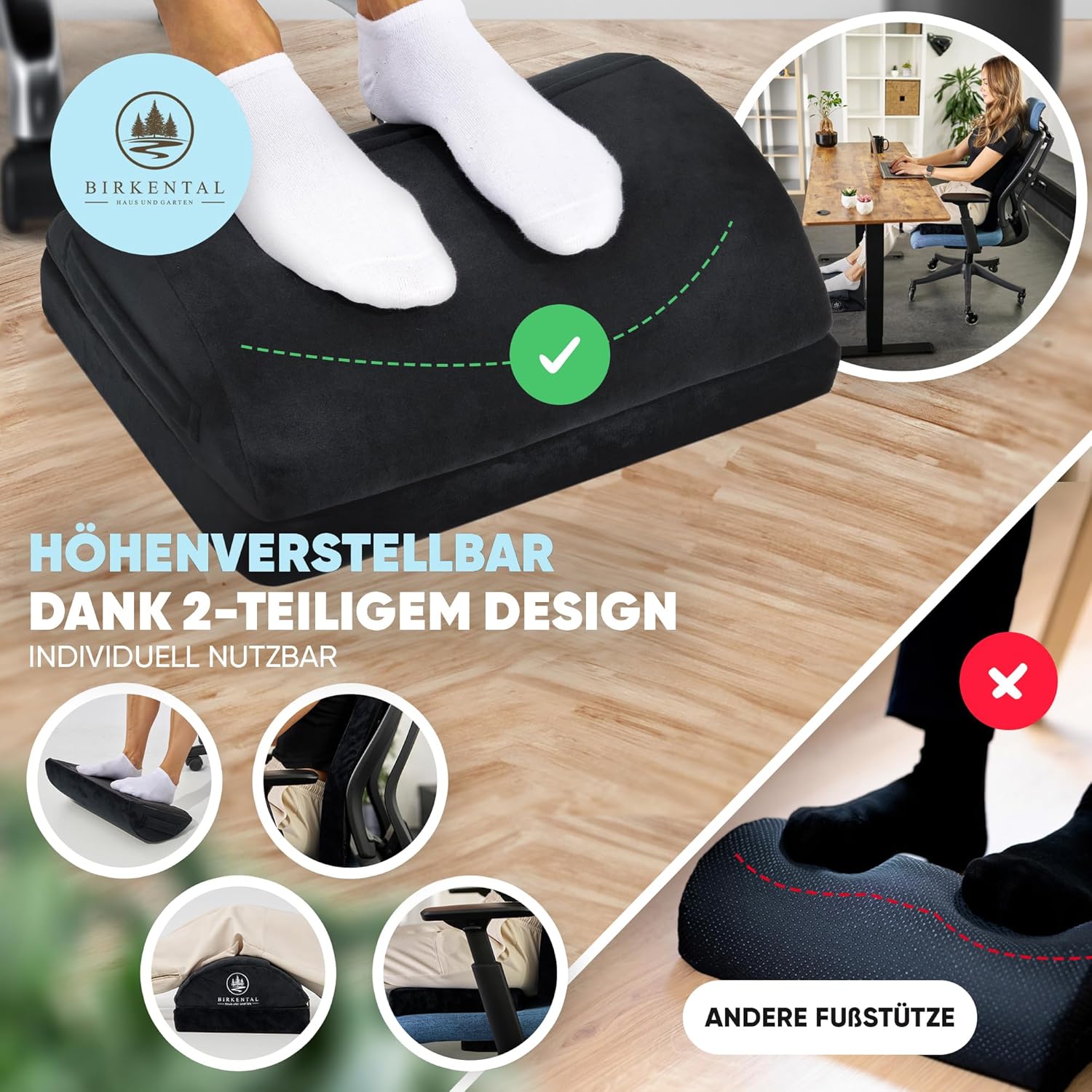 Birkental Fußstützen-Schreibtisch – (Testsieger) mit flauschiger Fußtasche – ergonomische höhenverstellbare, rutschfeste Fußstütze – Büro- und Schreibtischzubehör für Komfort – Fußhocker – Bild 5