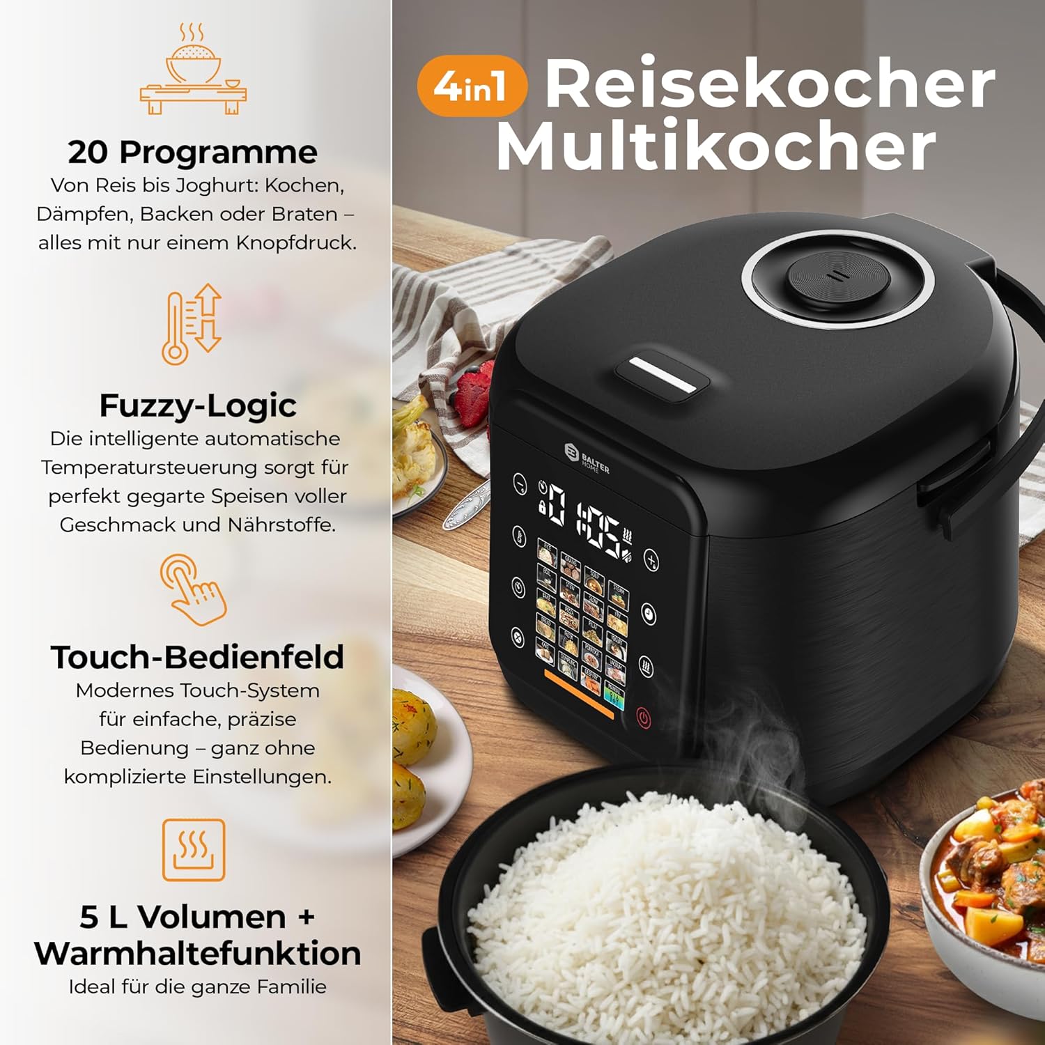 Balter Reiskocher, Multikocher mit 20 Programmen, 4L Reiskocher, Multikocher, Fuzzy-Logic, Dampfgarer & Schongarer, Warmhaltefunktion & Timer, inkl. Premium-Topf, Zubehör & Rezeptbuch, klein – Bild 3
