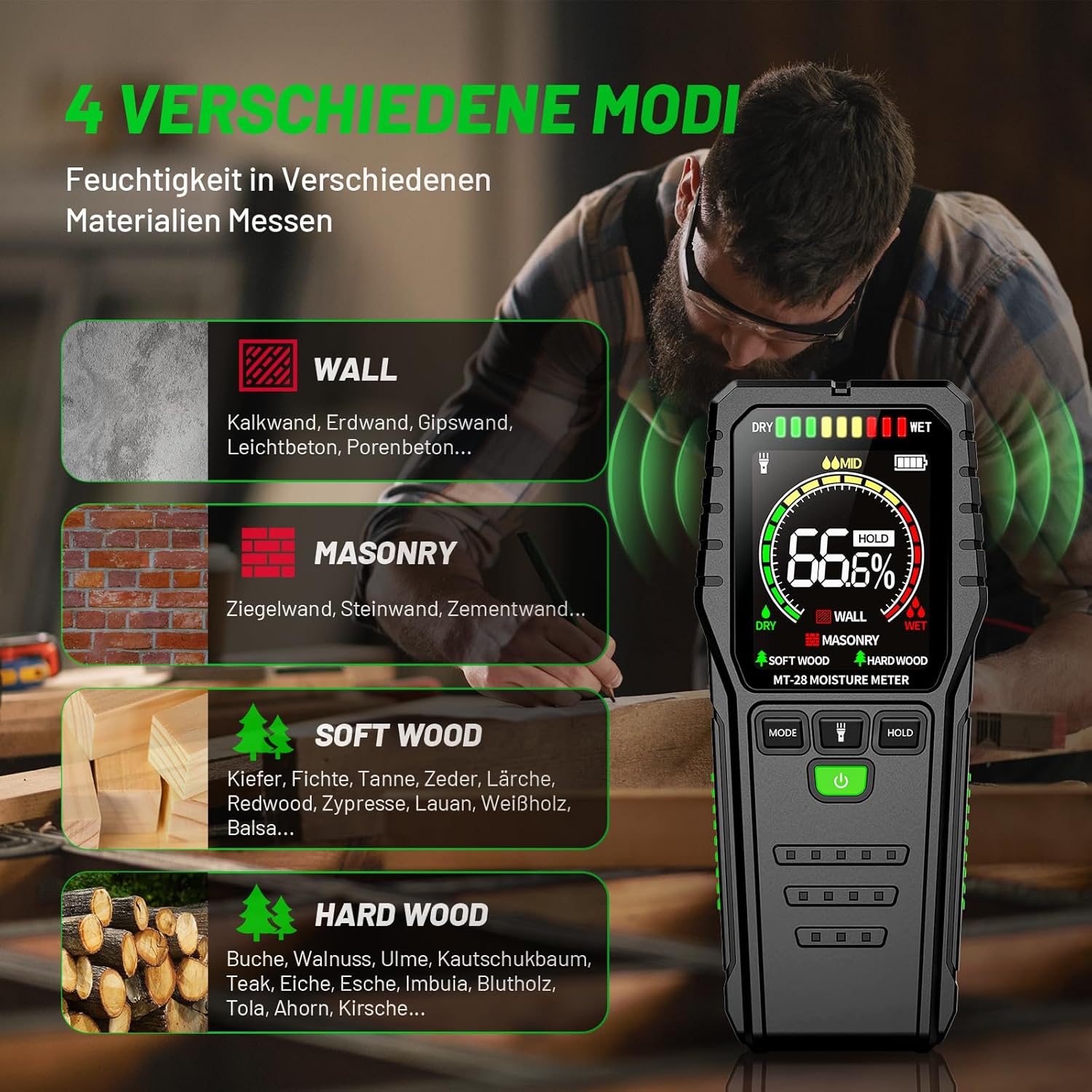 Feuchtigkeitsmesser für Wand und Holz – zerstörungsfreier Feuchtigkeitsmesser und Feuchtigkeitsmesser mit Batterie für Brennholz, Putz, Decke, Boden und Baumaterialien – Bild 2
