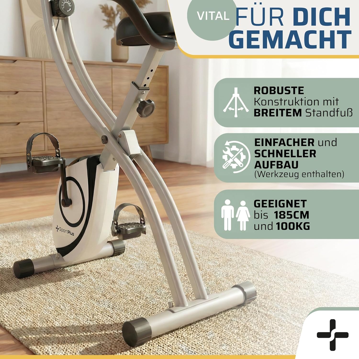 SportPlus Heimtrainer Fahrrad klappbar - Hometrainer Fahrrad klappbar - extra leiser Hometrainer für zuhause - Faltbares Fitnessbike - Ergometer Heimtrainer mit Rückenlehne – Bild 5