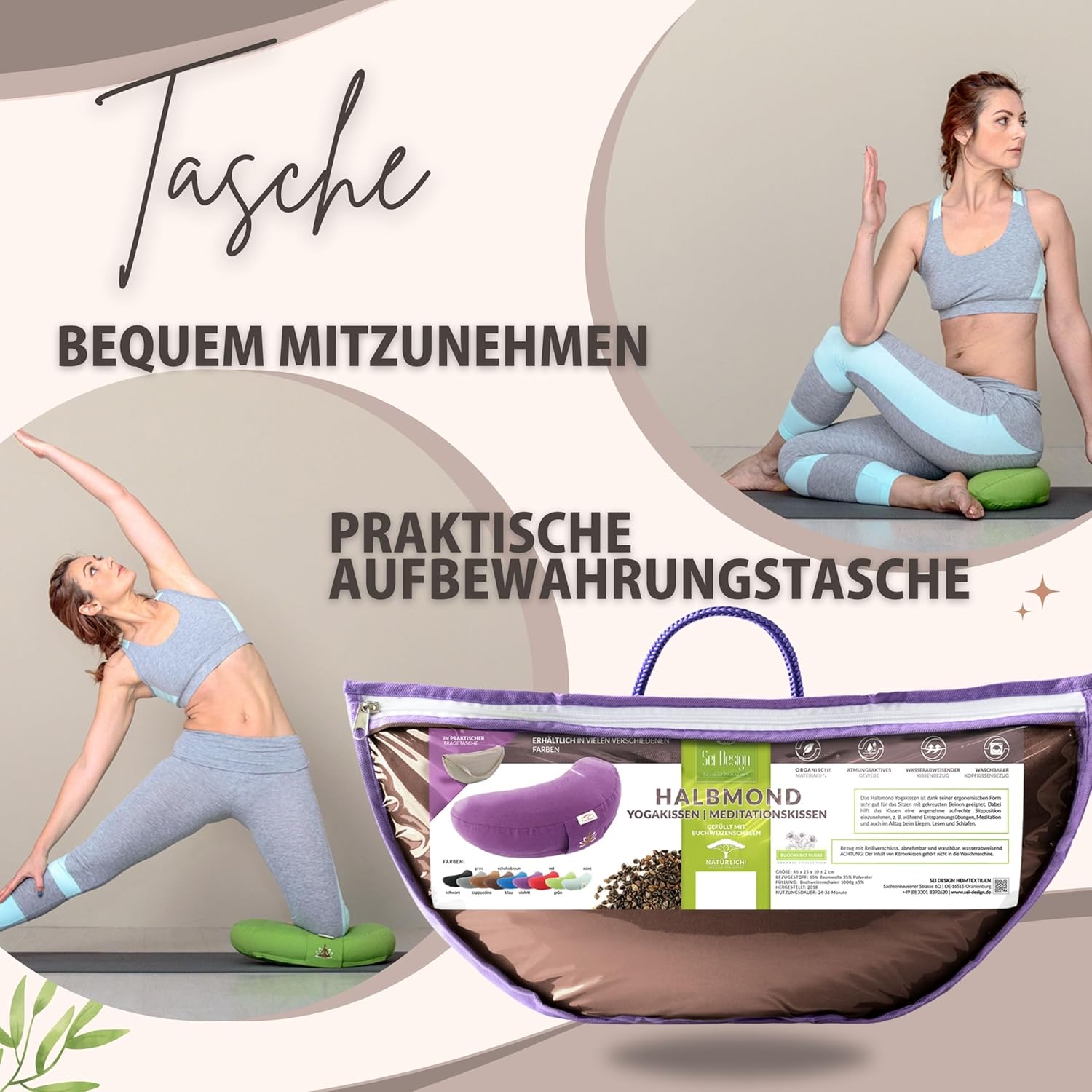 sei Design Halbmond-Yogakissen, Meditationskissen, Yogakissen mit Buchweizenschalenfüllung, Yogablock-Bodenkissen, großes Meditationssitzkissen, 46 x 25 x 10 cm, grün – Bild 4