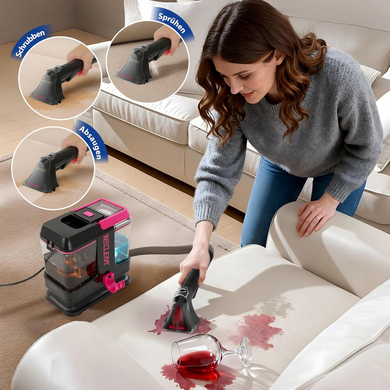 WECLEAN Staubsauger für Teppiche und Polster, tragbarer Nass- und Trockensauger mit 350-W-Motor und 2-Tank-System, ideal für Auto, Couch und hartnäckige Flecken, Schwarz und Rosa – Bild 2