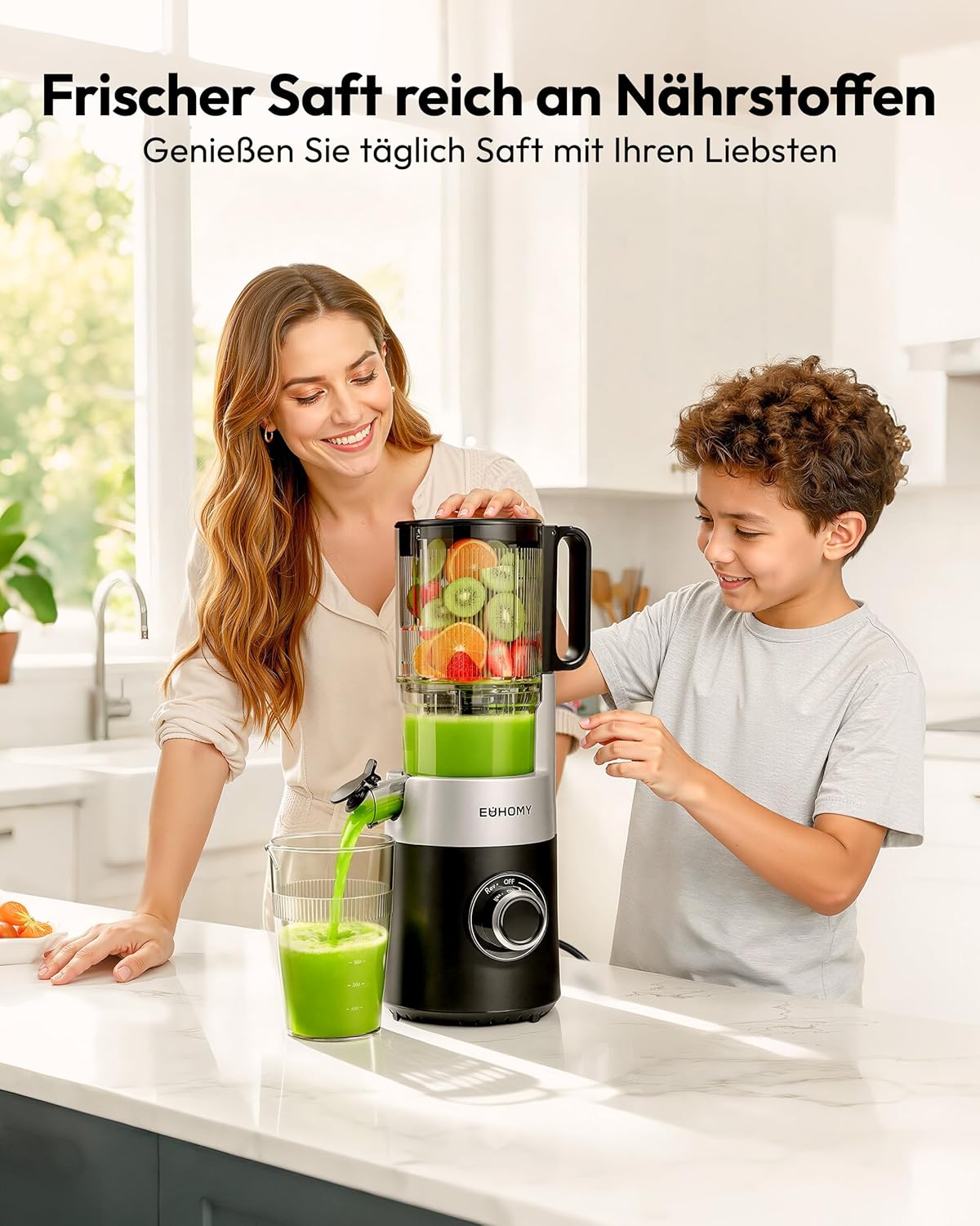 EUHOMY Entsafter, Slow Juicer, Entsafter Gemüse und Obst, Testsieger mit 135 mm Einfüllöffnung, 1,8 l Fassungsvermögen, 2 Tassen, elektrischer Entsafter, Schwarz Silber – Bild 8