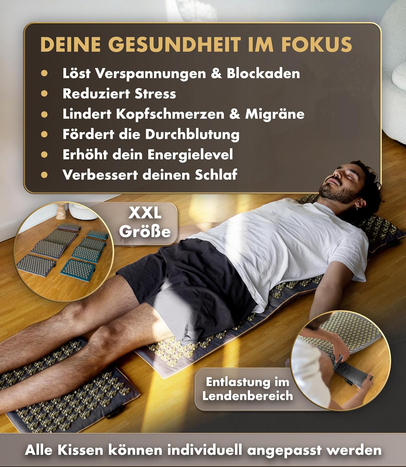 CALM ELEPHANT ORIGINAL Akupressurmatte XXL, große Größe, intensiv für fortgeschrittene Benutzer – Mandala Pro XXL Premium-Set (+158 % mehr Fläche und extra spitze Spitzen) – Verspannungen lösen, Akupunkturmatte, grau – Bild 2