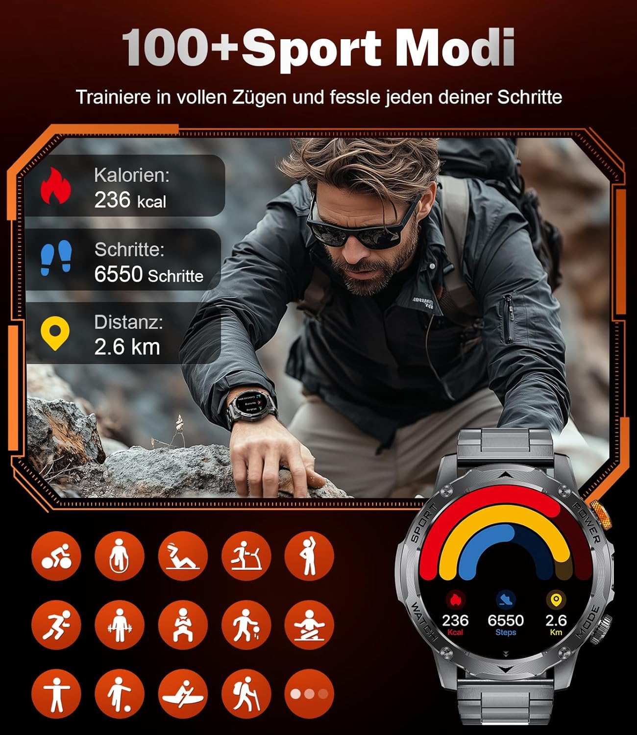 Smartwatch Herren Militär 1000 mAh Akku/1,75 Zoll HD großes Display, Smartwatch mit Taschenlampe/Bluetooth-Anrufe/130+ Sportmodi, IP68 wasserdichte Fitnessuhr mit Herzfrequenz-/Schlafmonitor, für Android iOS – Bild 5