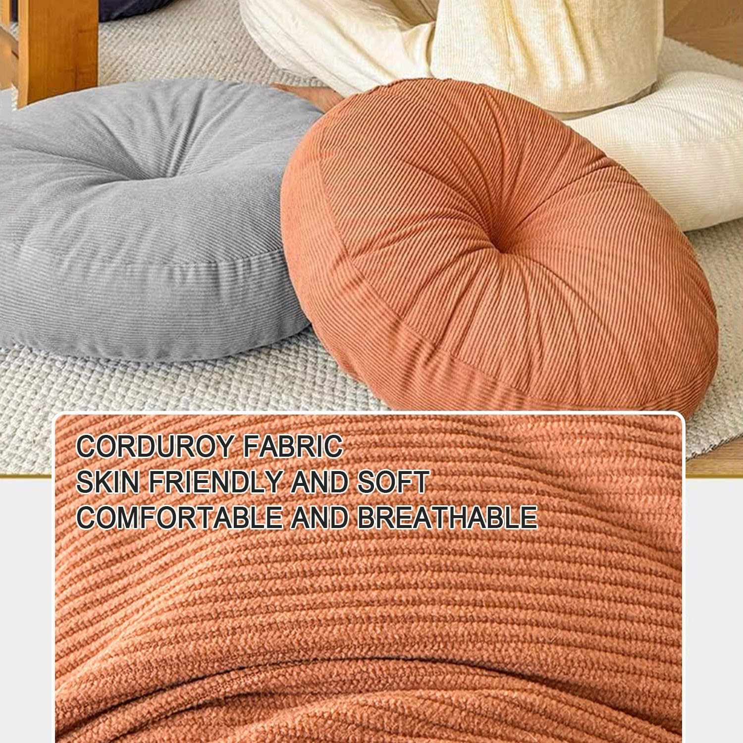 Bodenkissen aus Cord, rundes Bodenkissen, Meditationskissen für Erwachsene, Yogakissen, Sitzkissen, Sitzpouf mit hochwertigem Kordelbezug, Höhe 25 cm (Orange, 40 cm, 1 Stück) – Bild 2