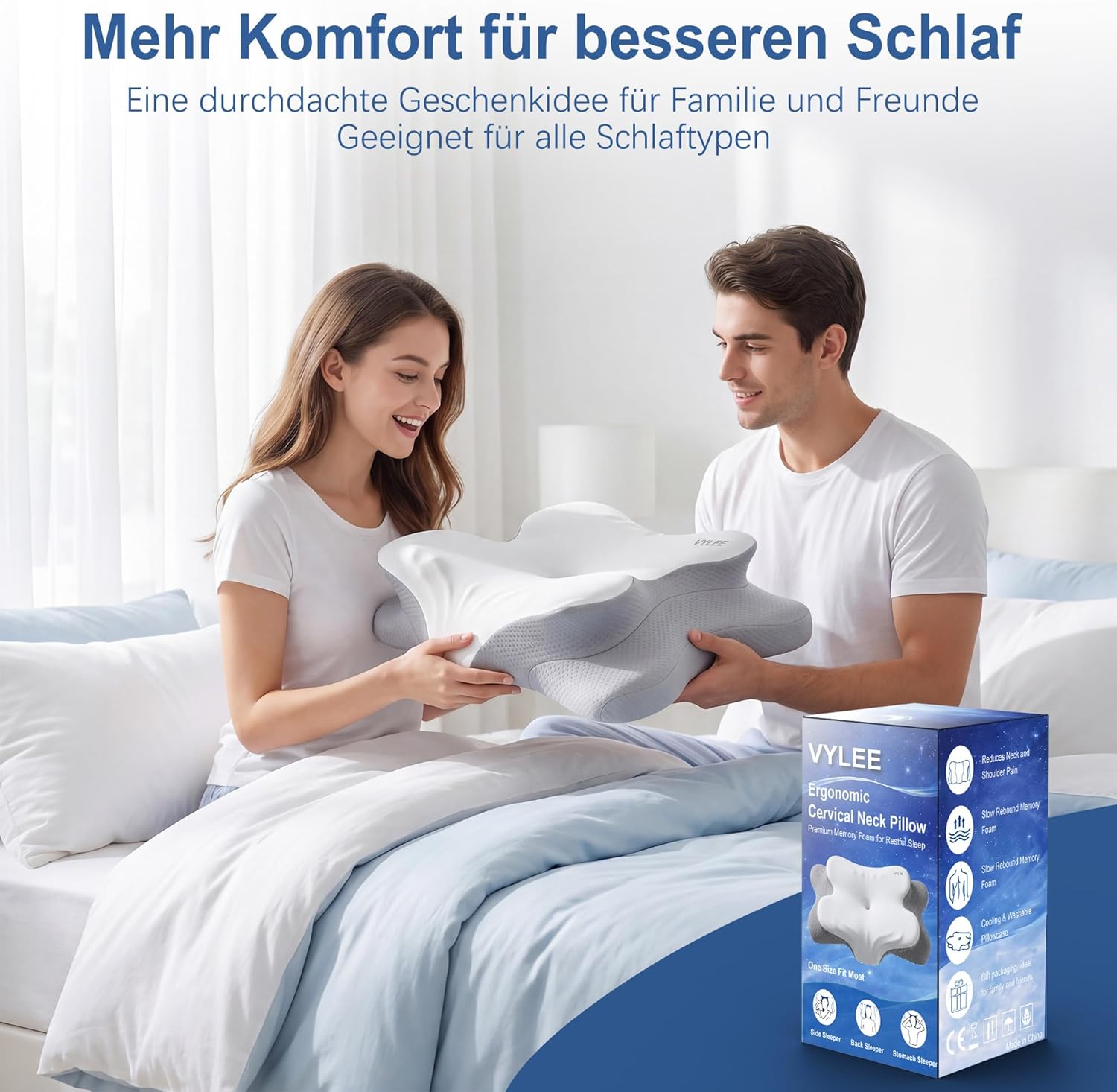 VYLEE Ergonomisches Memory-Schaum-Kissen zur Linderung von Nackenschmerzen, kühlende Unterstützung für Seiten und Rücken, Bettkissen mit atmungsaktivem Bezug, Nackenstütze (grau) – Bild 9