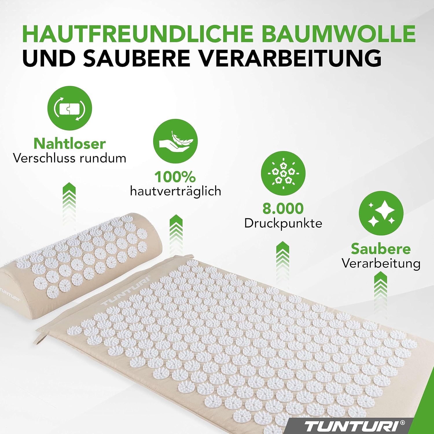 Tunturi Akupressurmatte mit Kissen – Akupunkturmatte – Stachelmatte für Rücken, Nacken, Fuß, Ganzkörper – 2-in-1-Nagelmatte, Akupressurmatte – Anti-Stress – 68 x 42 x 2 cm – Beige – Bild 7