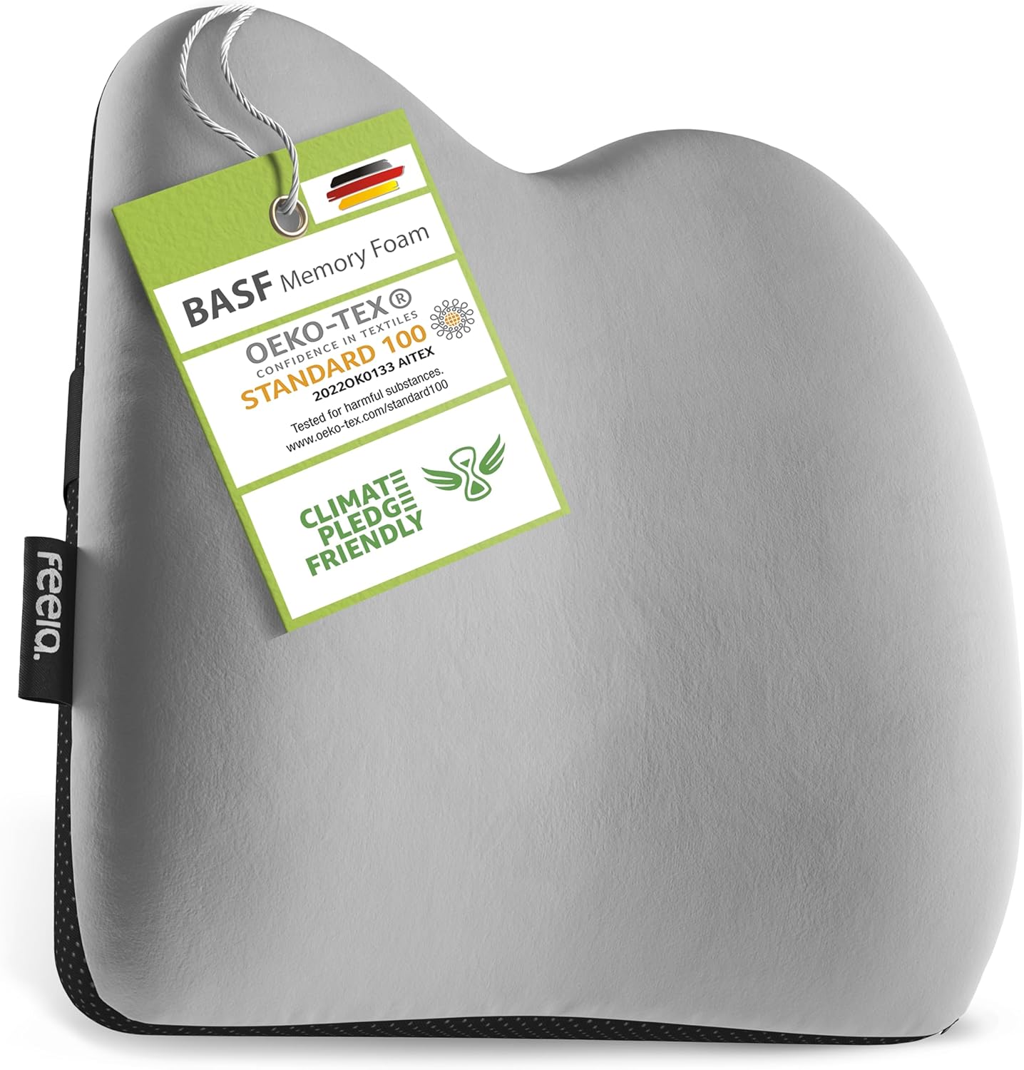 Feela. Ergonomisches Rückenkissen für Auto- und Bürostühle | Rückenstützkissen aus Memory-Schaum für Sitzkomfort und Haltung – verstellbare Passform für Autositze und Bürostühle (Silber)