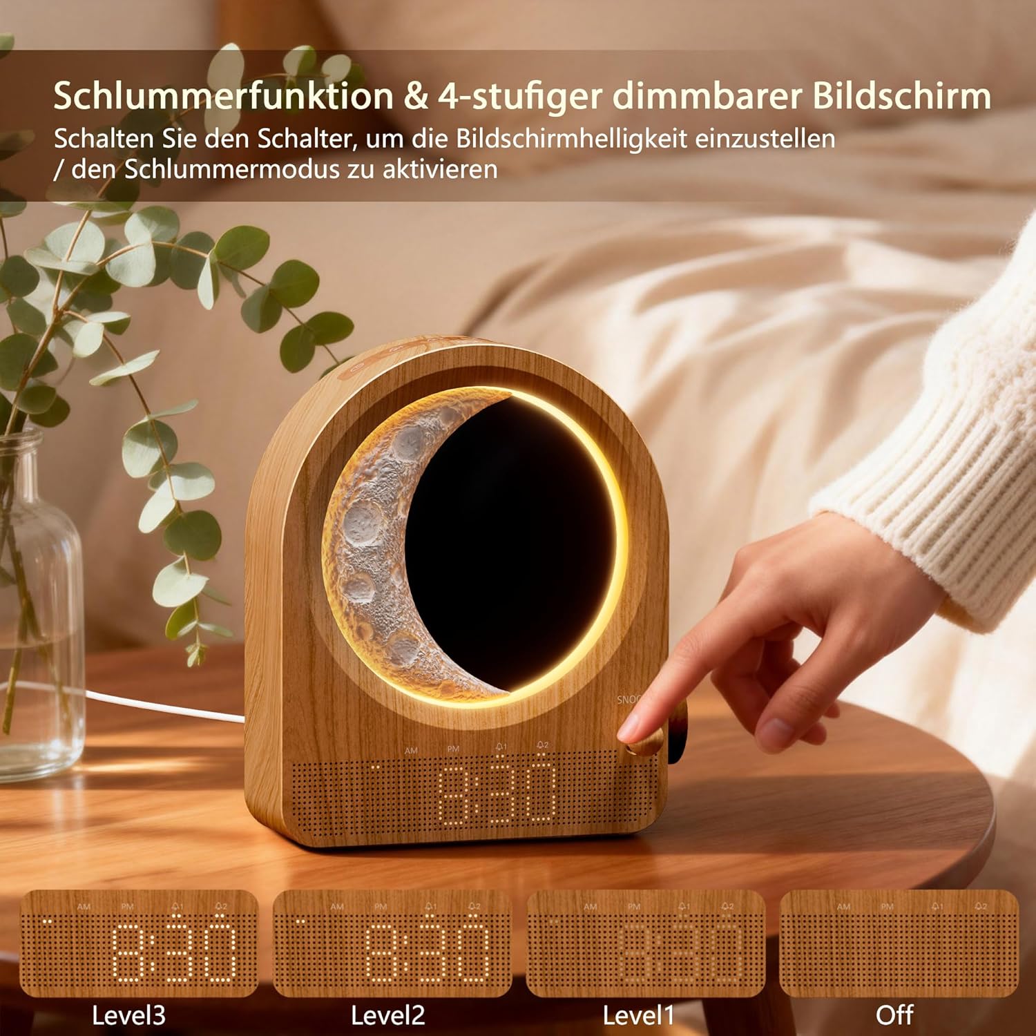 blonbar Wecker & Mondlampe, Nachttischlampe mit Lichtwecker, Tageslichtwecker, Nachtlicht mit 3 Helligkeitsstufen, 10 Naturgeräuschen, ideal für Schlafzimmer – Bild 7